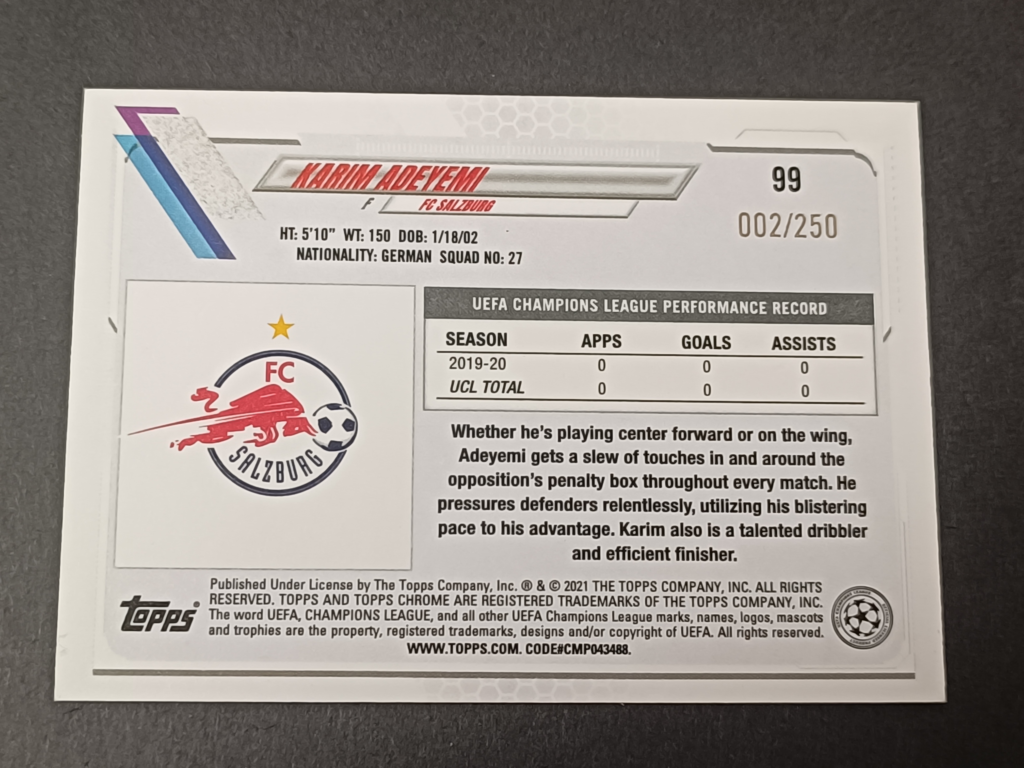 2020-21 Topps Chrome Karim Adeyemi RC 欧冠tc 萨尔茨堡红牛 德国跑车 阿德耶米 多特蒙德 250编 紫碎花折 收藏必备 卡品如图