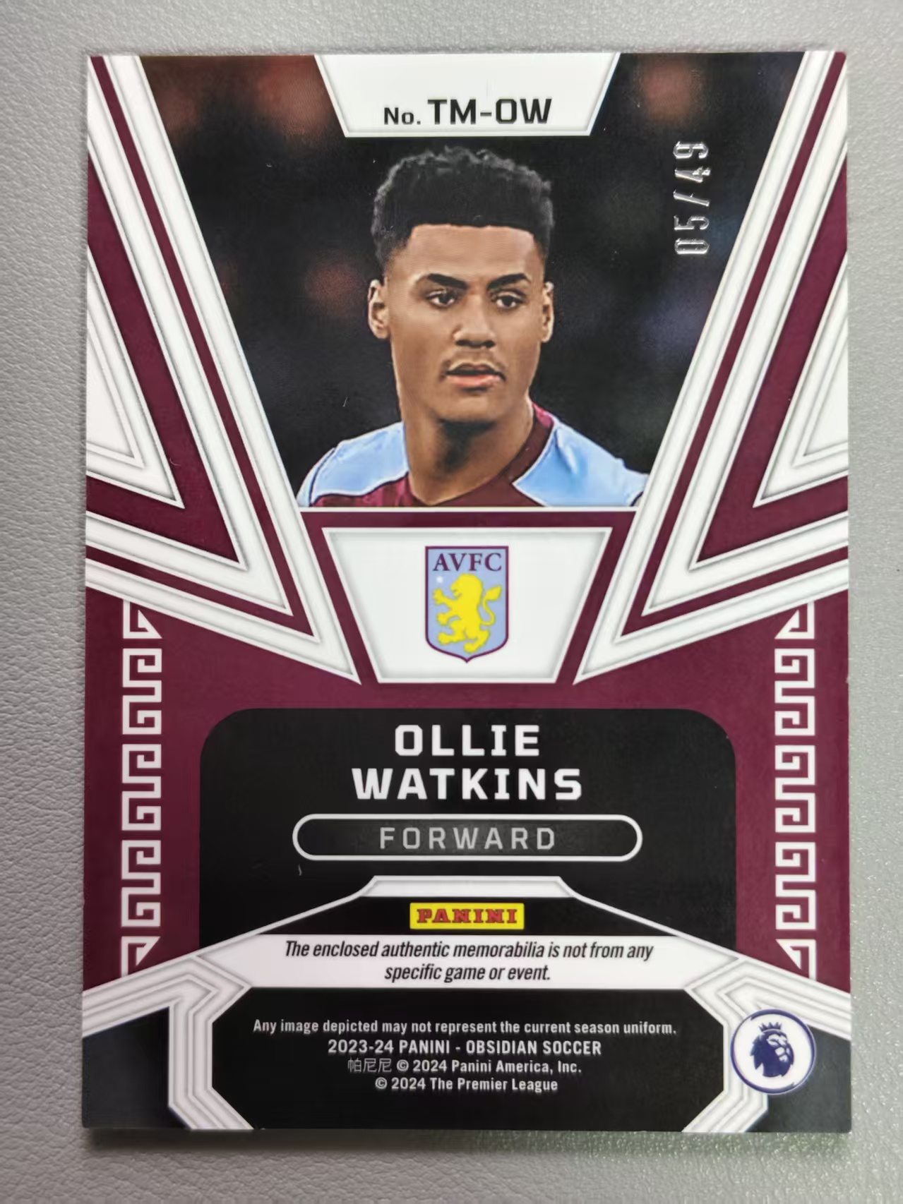 【阿泽代卖】2023-24 Panini Obsidian 黑曜石 Ollie Watkins 英超 阿斯顿维拉 沃特金斯 /49编 折射 迪斯科折 三窗物料 球衣切割 卡品如图 介意勿拍-MAN