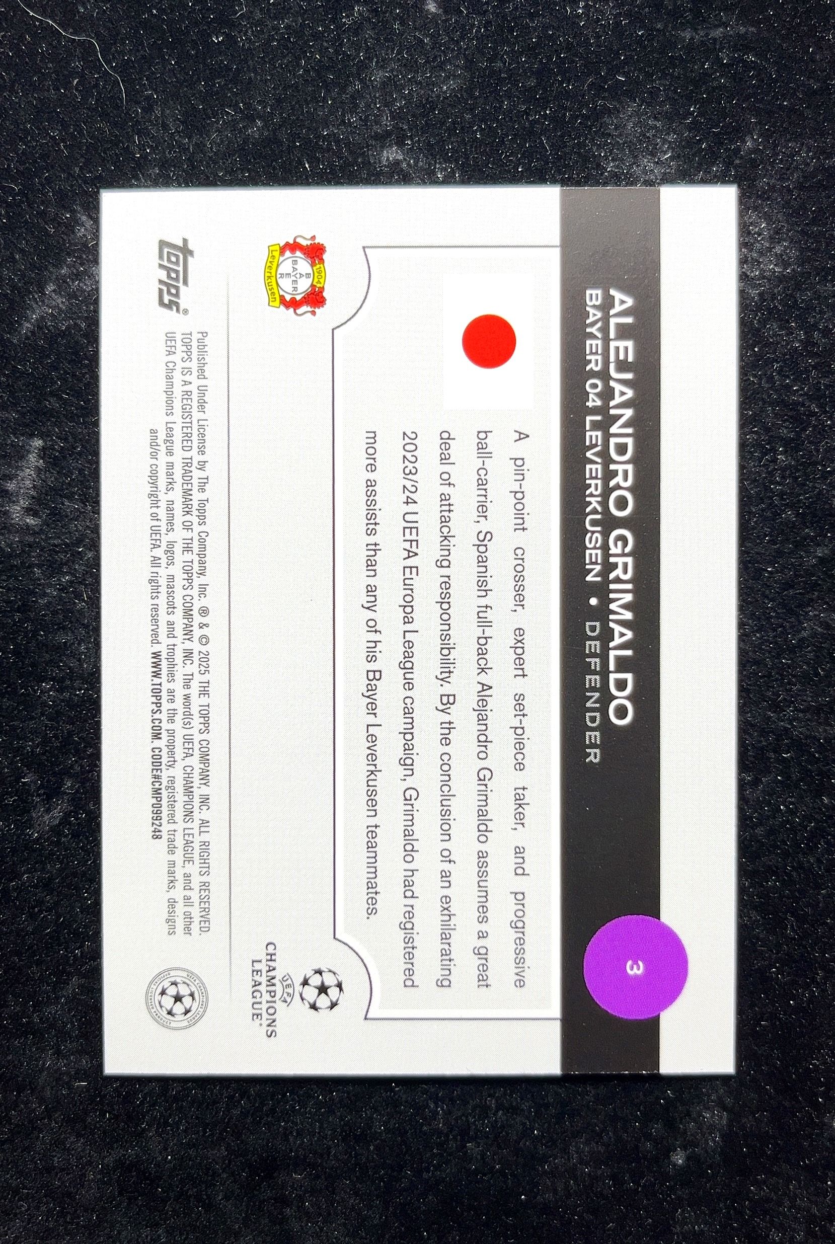 【小白1%代卖】2025 Topps ALEJANDRO GRIMALDO 亚历杭德罗·格里马尔多 卡品如图 高价值 #3 BAYER 04 LEVERKUSEN 拜耳勒沃库森 0629