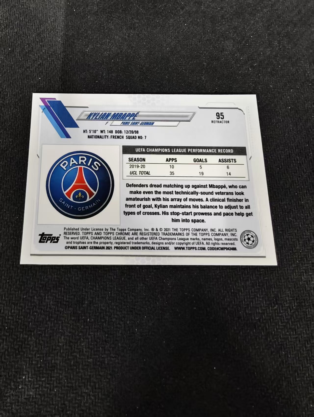 【可合并,不累计】 2021 Topps Chrome Kylian Mbappe 欧冠 巴黎圣日耳曼 姆巴佩 银折 划痕 边角瑕疵 #95