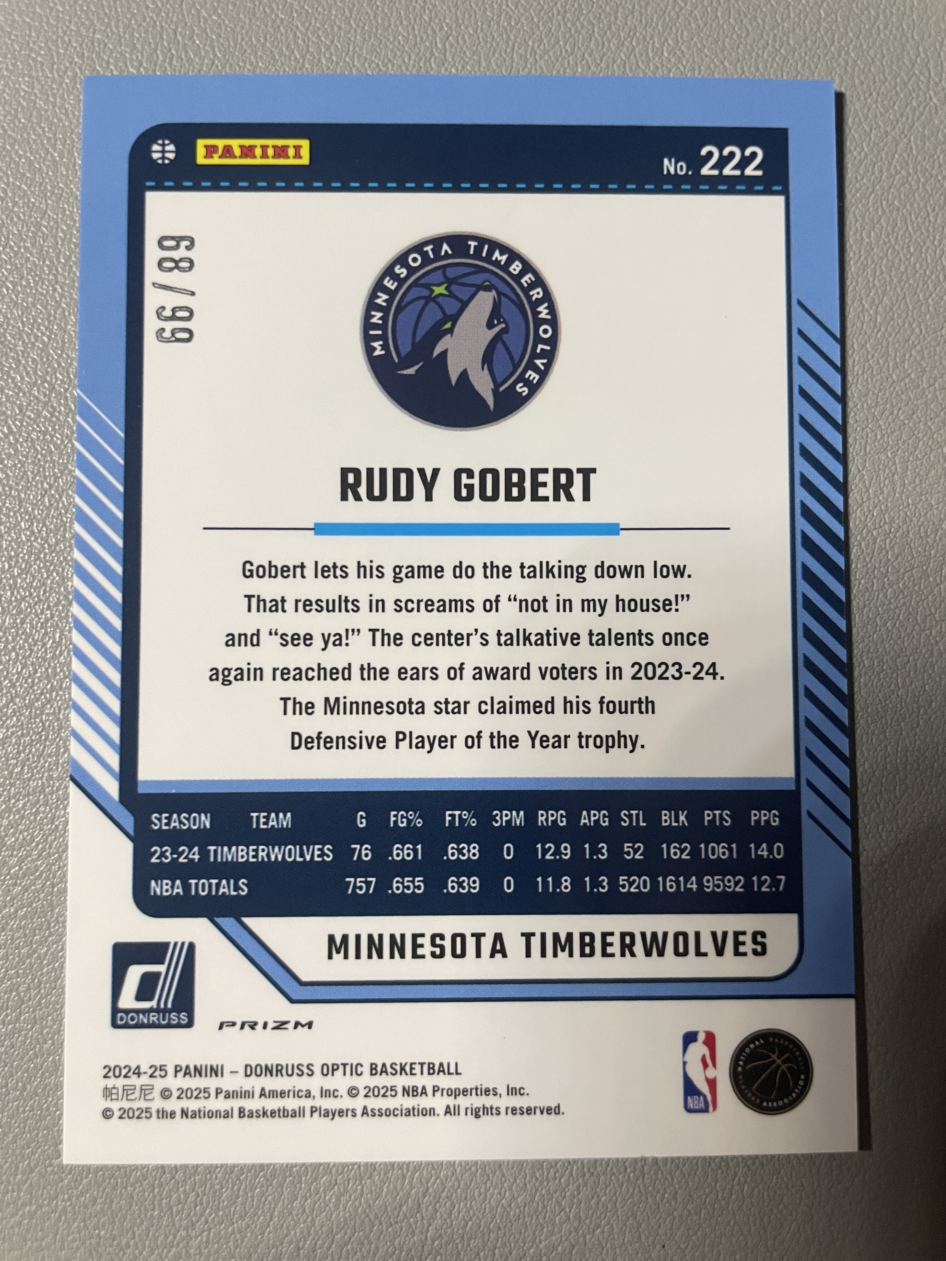2024-25 Panini Donruss Rudy Gobert 杜蕾斯 鲁迪 戈贝尔 红金圈圈折 99编 卡品微瑕如图 dhb1109