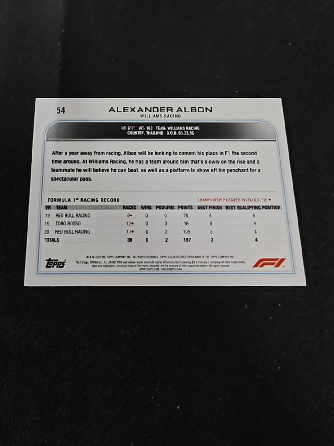2022 Topps Chrome F1 Alexander Albon F1 威廉姆斯 亚历山大 阿尔本 黑白棋盘 划痕 边角瑕疵@54