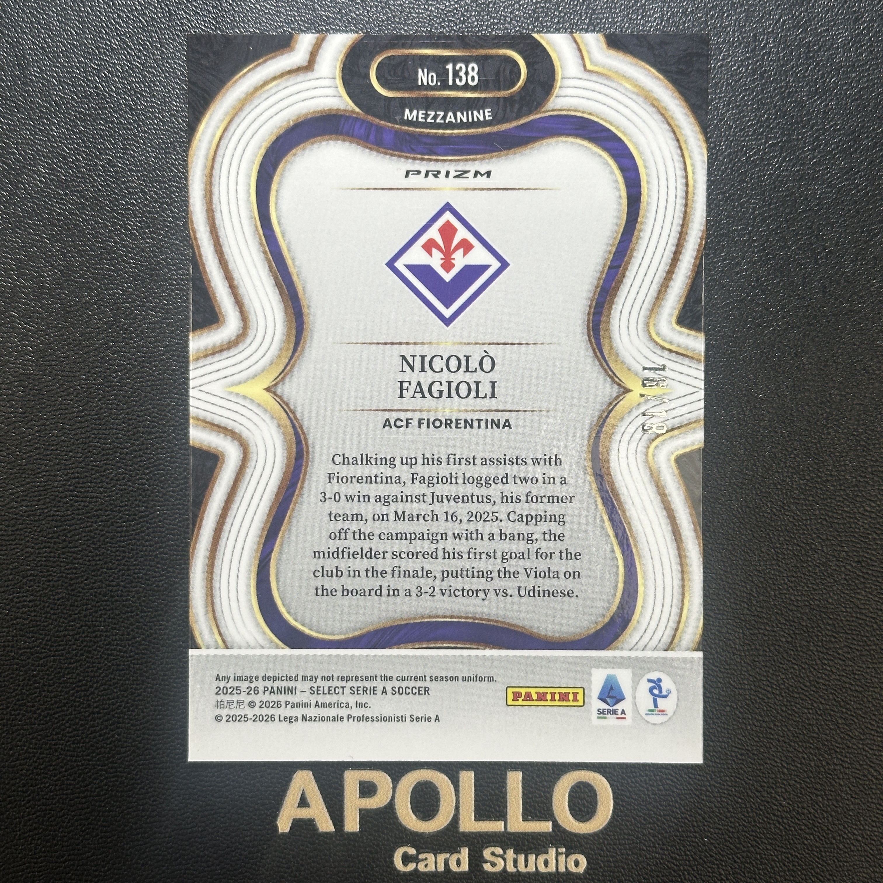 2025-26 Panini Select Nicolo Fagioli 法乔利 意甲SE 佛罗伦萨 /18编 低编 龙鳞折 卡品如图#YCG