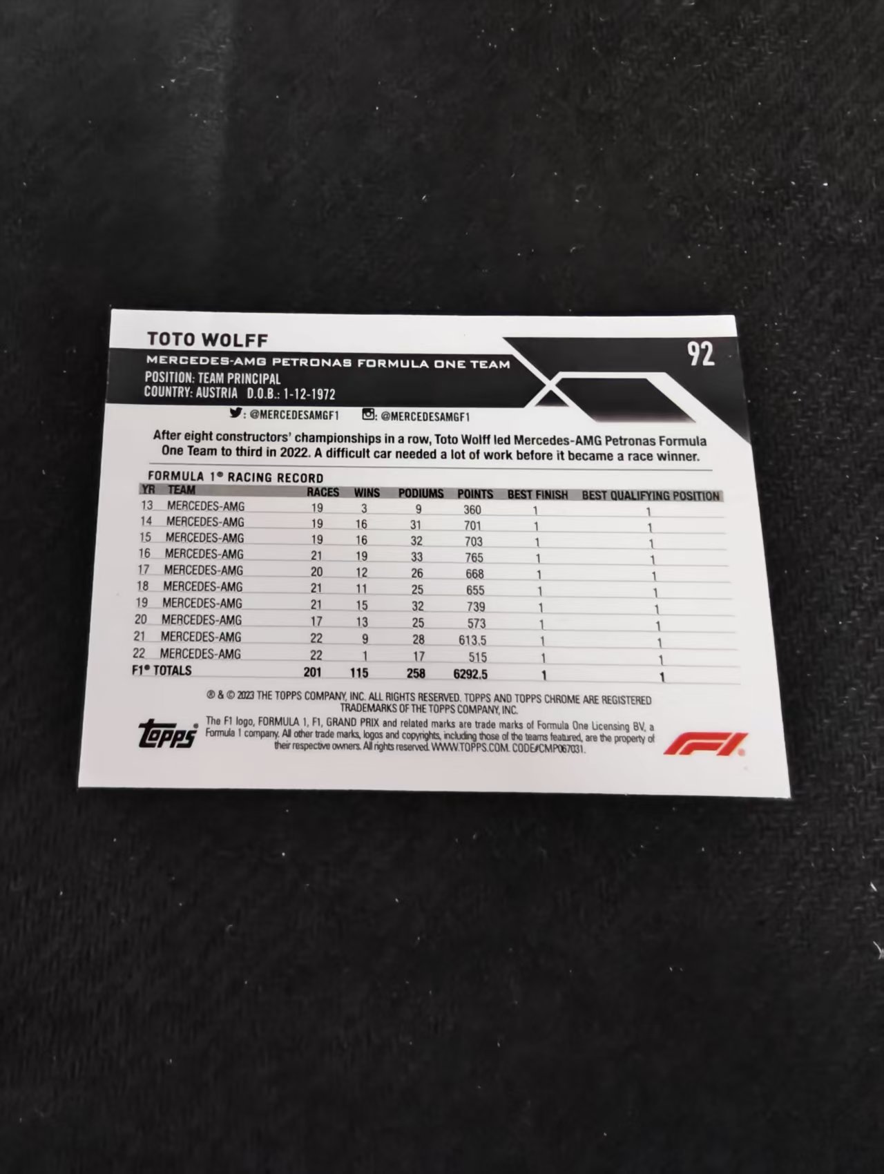 2023 Topps Chrome Toto Wolff 托托 沃尔夫 梅赛德斯AMG车队负责人 F1 划痕 边角瑕疵 #92