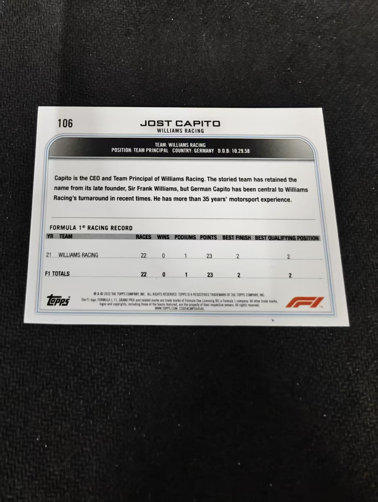 2022 Topps Chrome F1 Jost Capito 约斯特 卡皮托 威廉姆斯 划痕 边角瑕疵@106