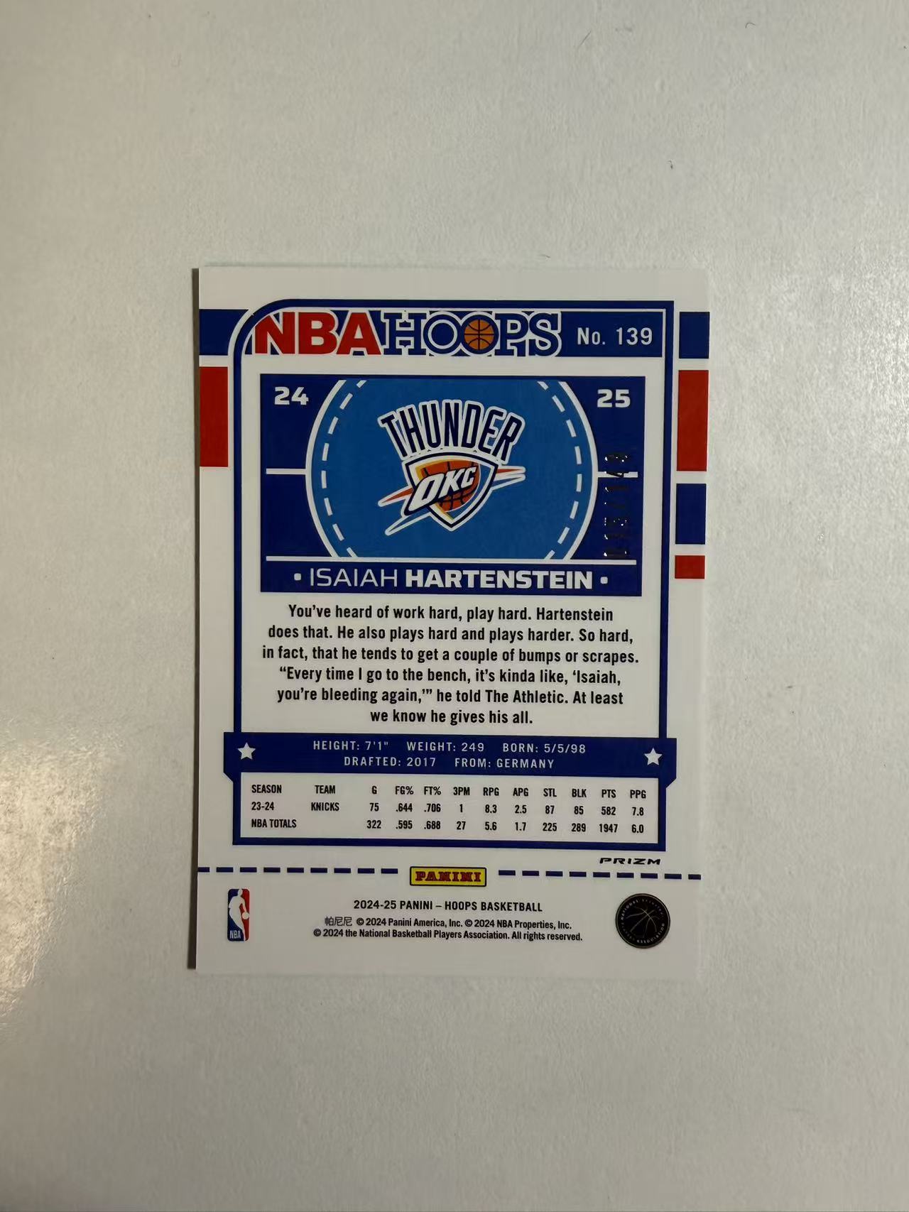 2024-25 Panini Hoops Isaiah Hartenstein 雷霆 以赛亚 哈滕 149编 绿折 卡品如图 不保卡品 介意勿拍