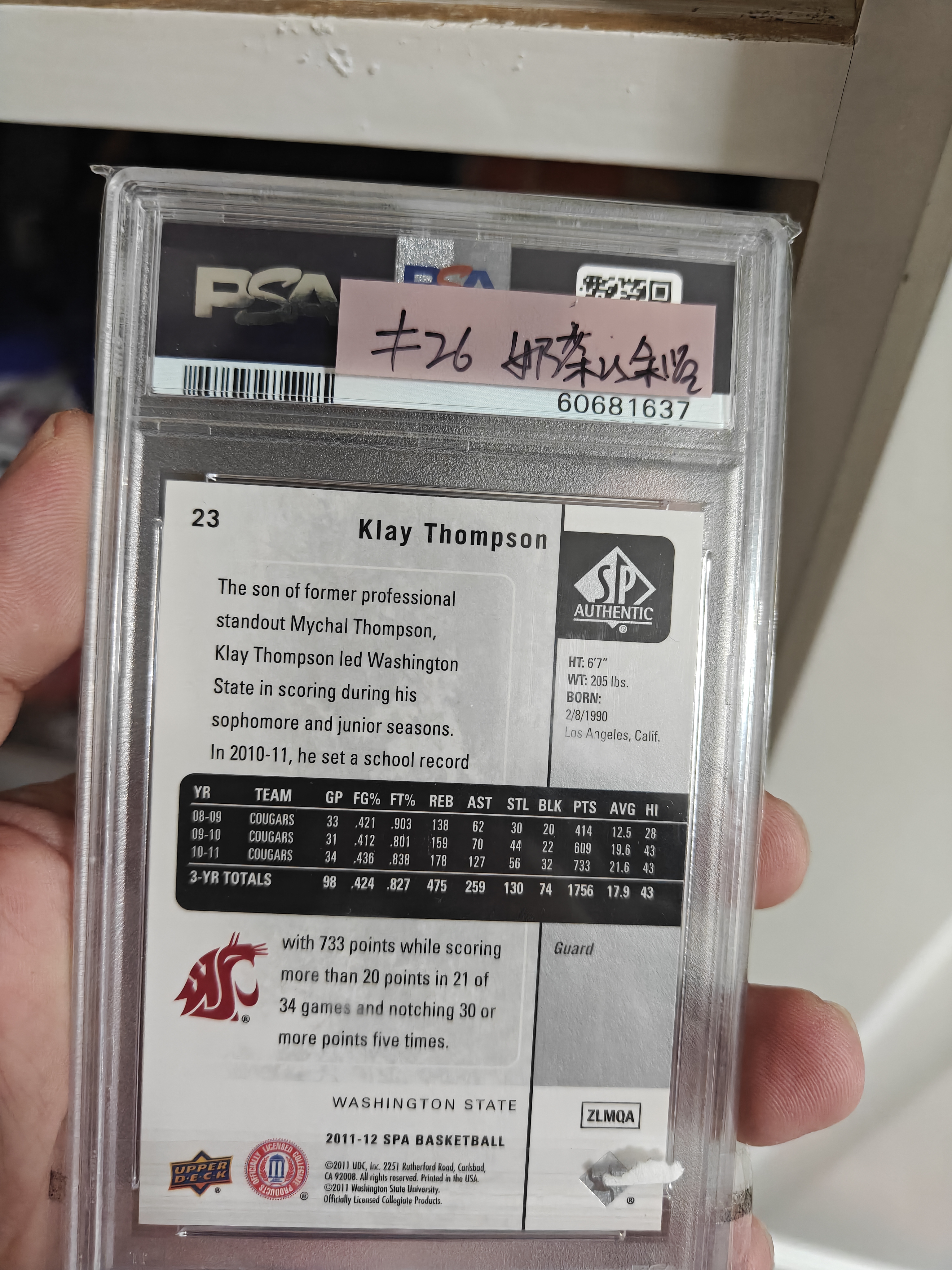2011-12 Upper Deck SP Authentic Klay Thompson RC #23 PSA9分 新秀年 佛祖 克莱 汤普森 勇士队水花兄弟 大学 老特 买一张少一张 投资必备