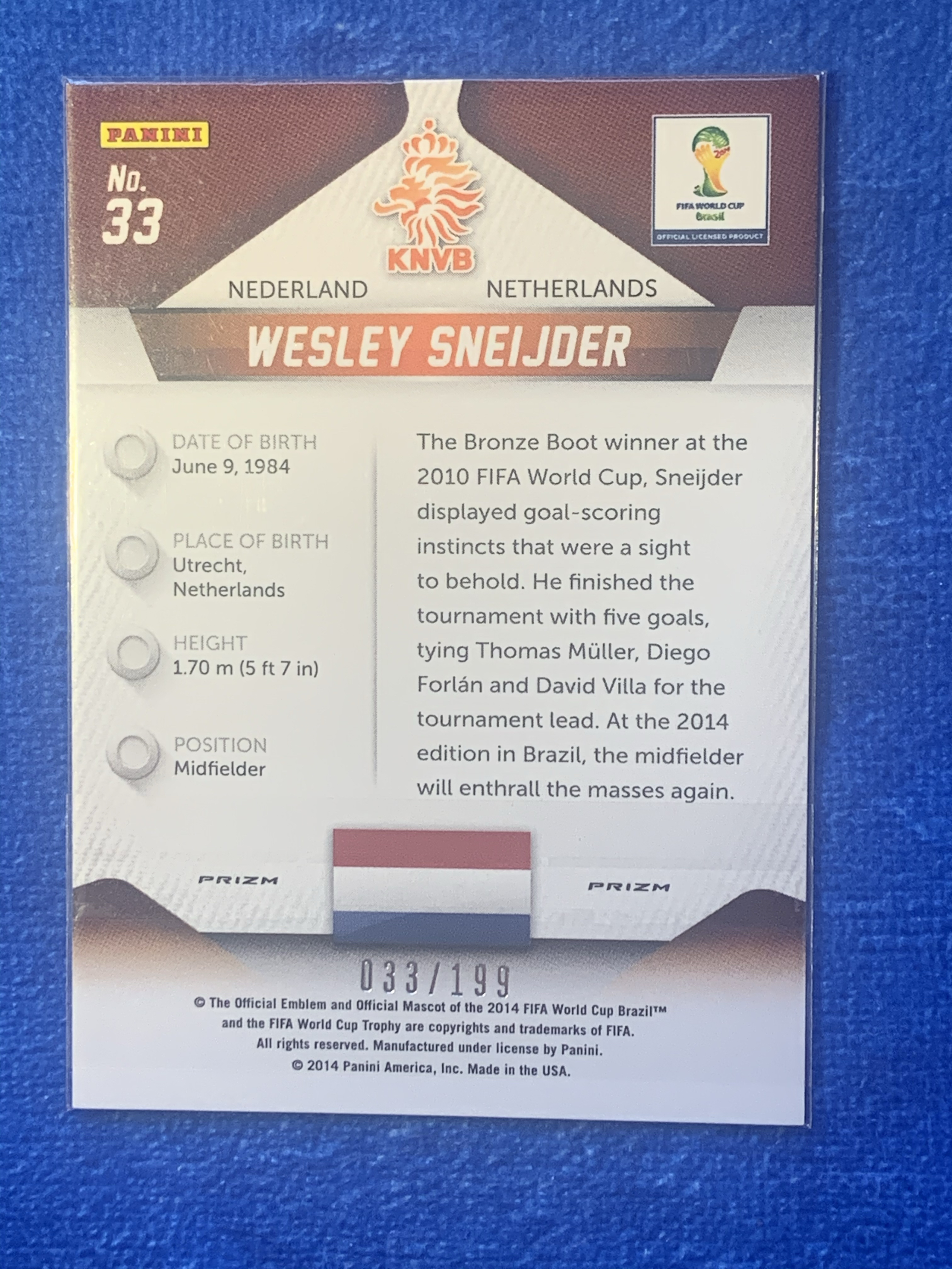 2014 Panini World Cup Prizm Sneijder 帕尼尼世界杯199编蓝折 斯内德 荷兰Holland 世界杯亚军 国际米兰Inter三冠王 加拉塔萨雷 不保卡品