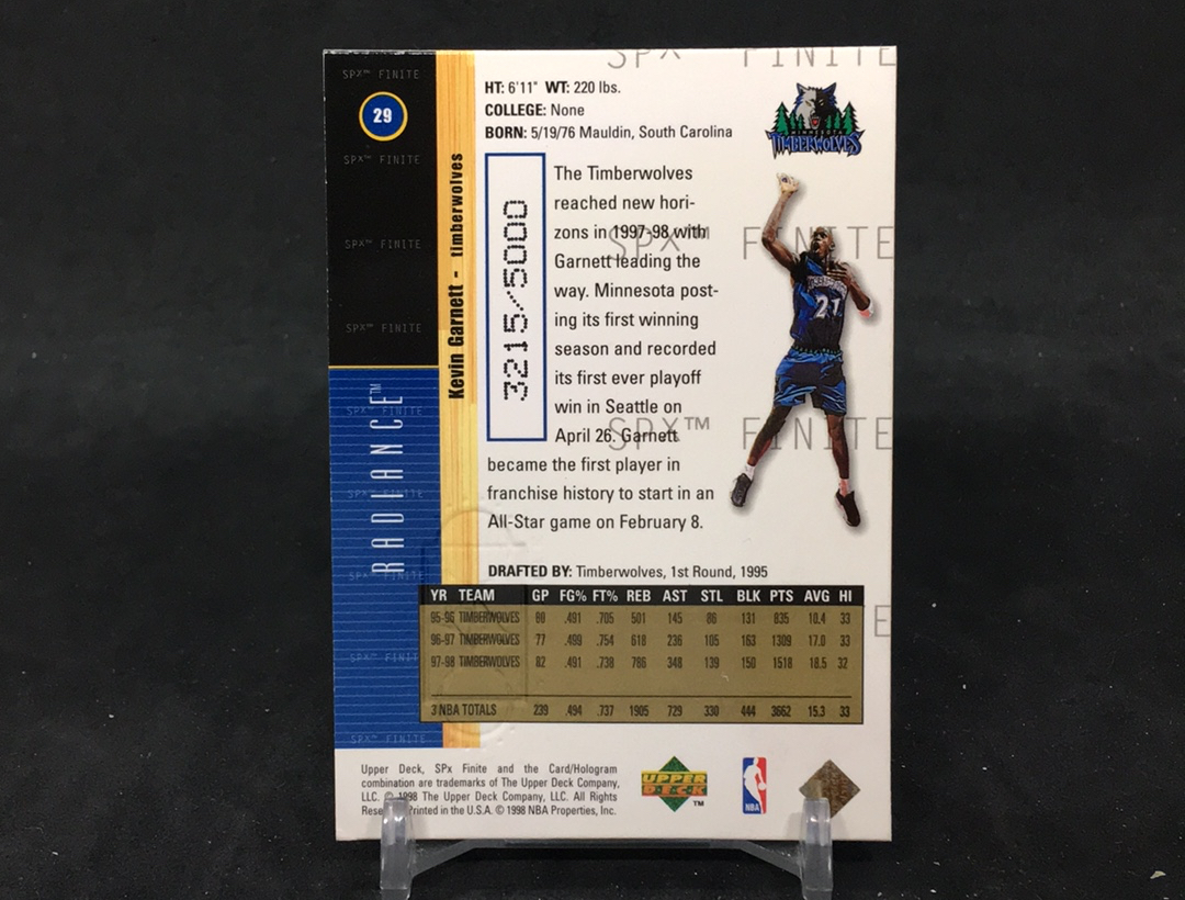 【DC拍卖】5.02(微瑕)1998-99 Upper Deck SPx Finite Kevin Garnett 明尼苏达森林狼队 #29 /5000 限量金标特卡 加内特经典收藏卡
