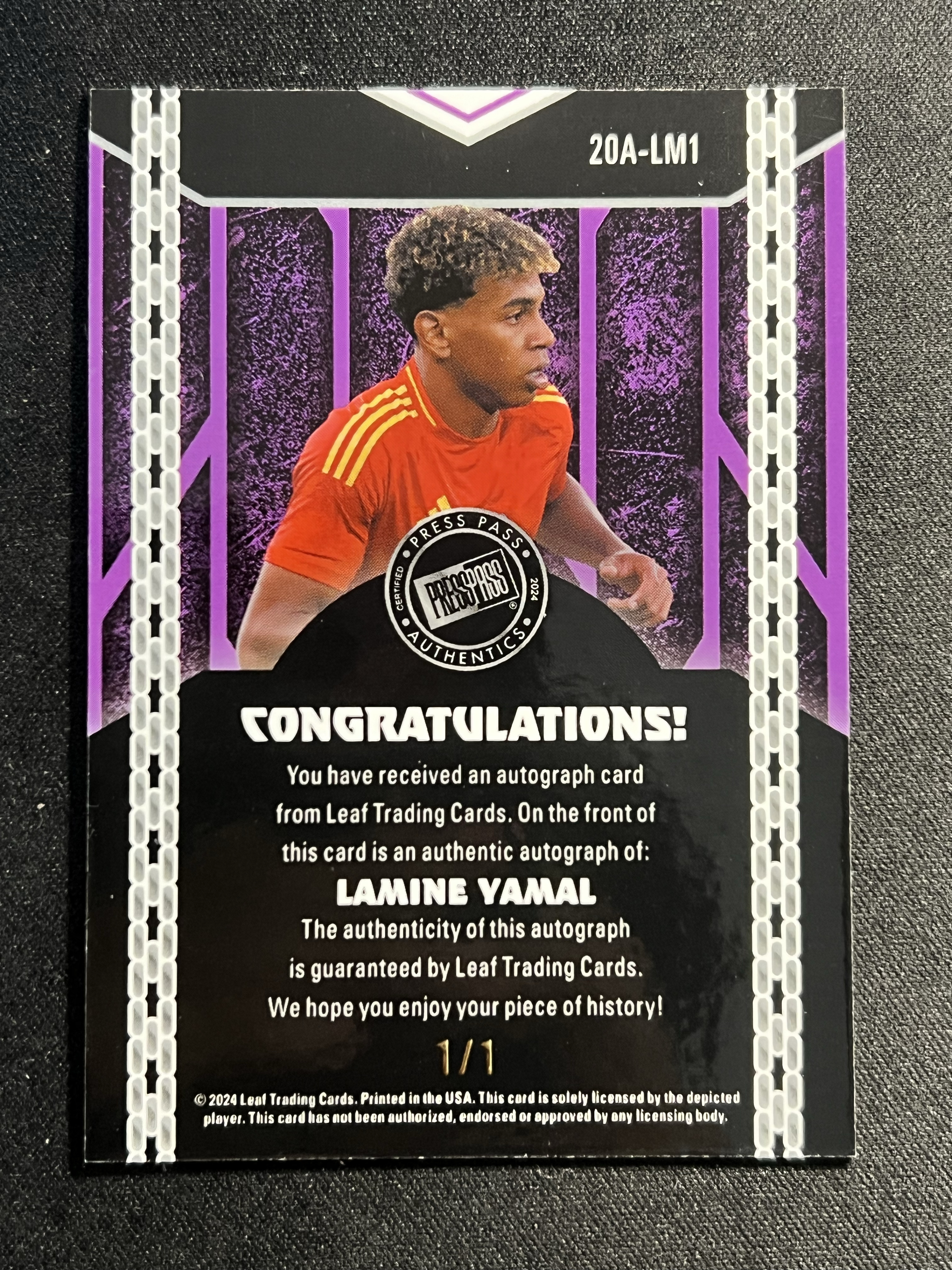 2024 Leaf PressPass Lamine Yamal RC 亚马尔 1/1编 爆金折 签字 新秀Rookie。背面描述。接班梅西巴塞罗那/巴萨,西班牙。金球有望。微瑕如图。可乐【珞珈拍卖】