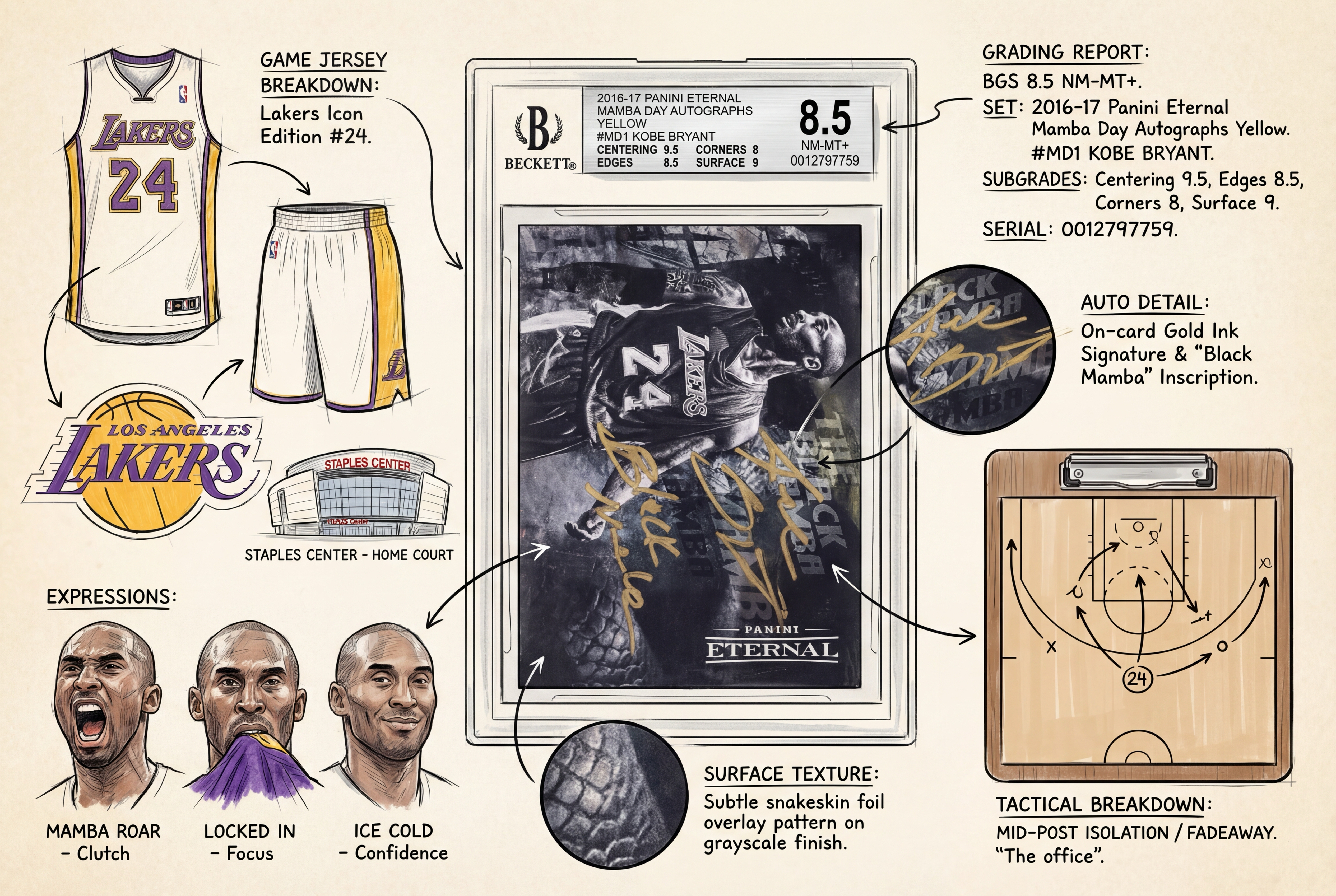 2016-17 Panini Eternal Kobe Bryant 【小柴拍卖】科比 布莱恩特 签字 卡签 黑曼巴绰号black mamba 老大/8背号编 金笔铭文 涂鸦墙 顶级收藏 BGS评级8.5 蛇纹背景 超酷专收 姆总