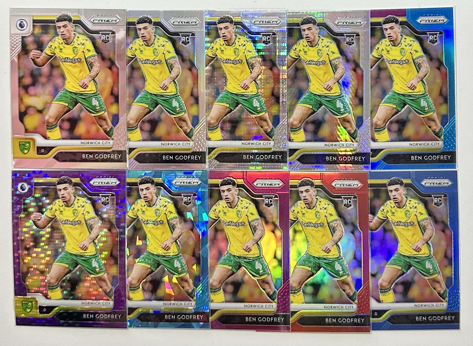 1920 Prizm Norwich Ben Godfrey RC Base 银/碎点/脉冲折 三色折 75编紫罗兰/蓝碎冰折 99编紫/149编红/199编蓝折 戈弗雷 新秀 诺维奇 英超【奶酪】