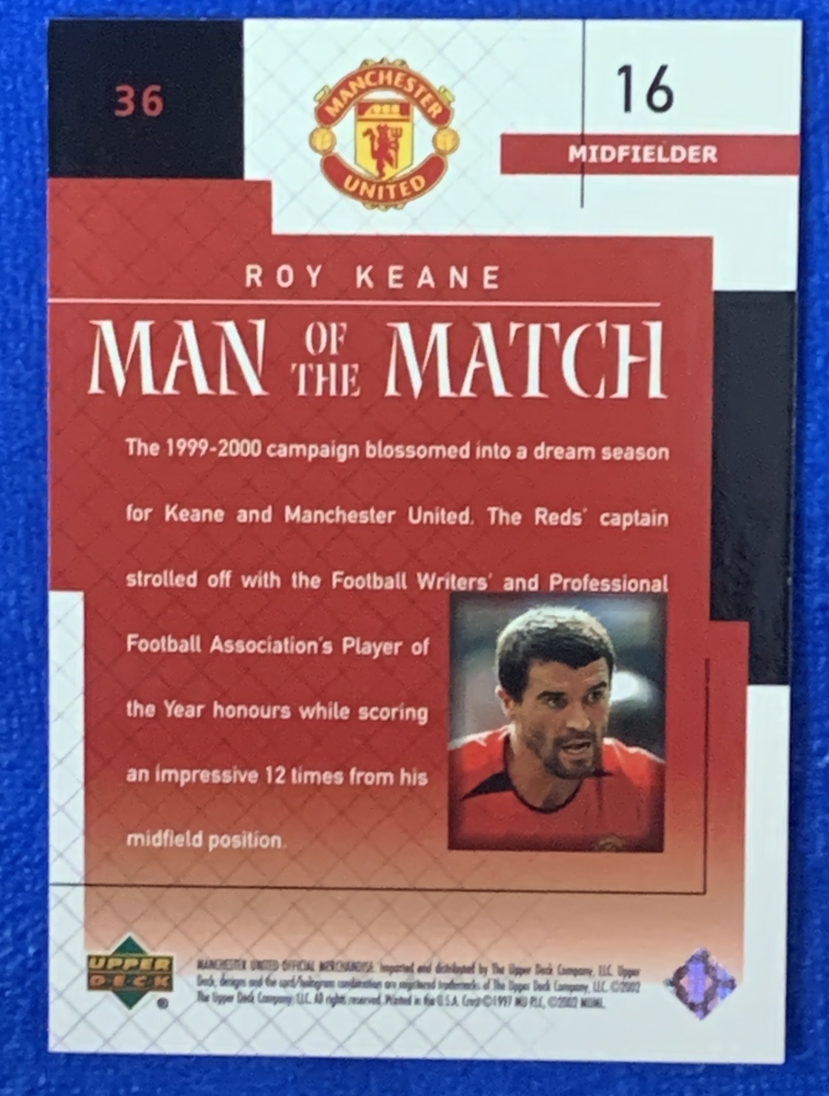 2002 Upper Deck Manchester United Roy Keane 亚德全场最佳特卡 曼联铁血队长 基恩 三冠王 爱尔兰Ireland 经典老卡近乎绝版 不保卡品ebay有价