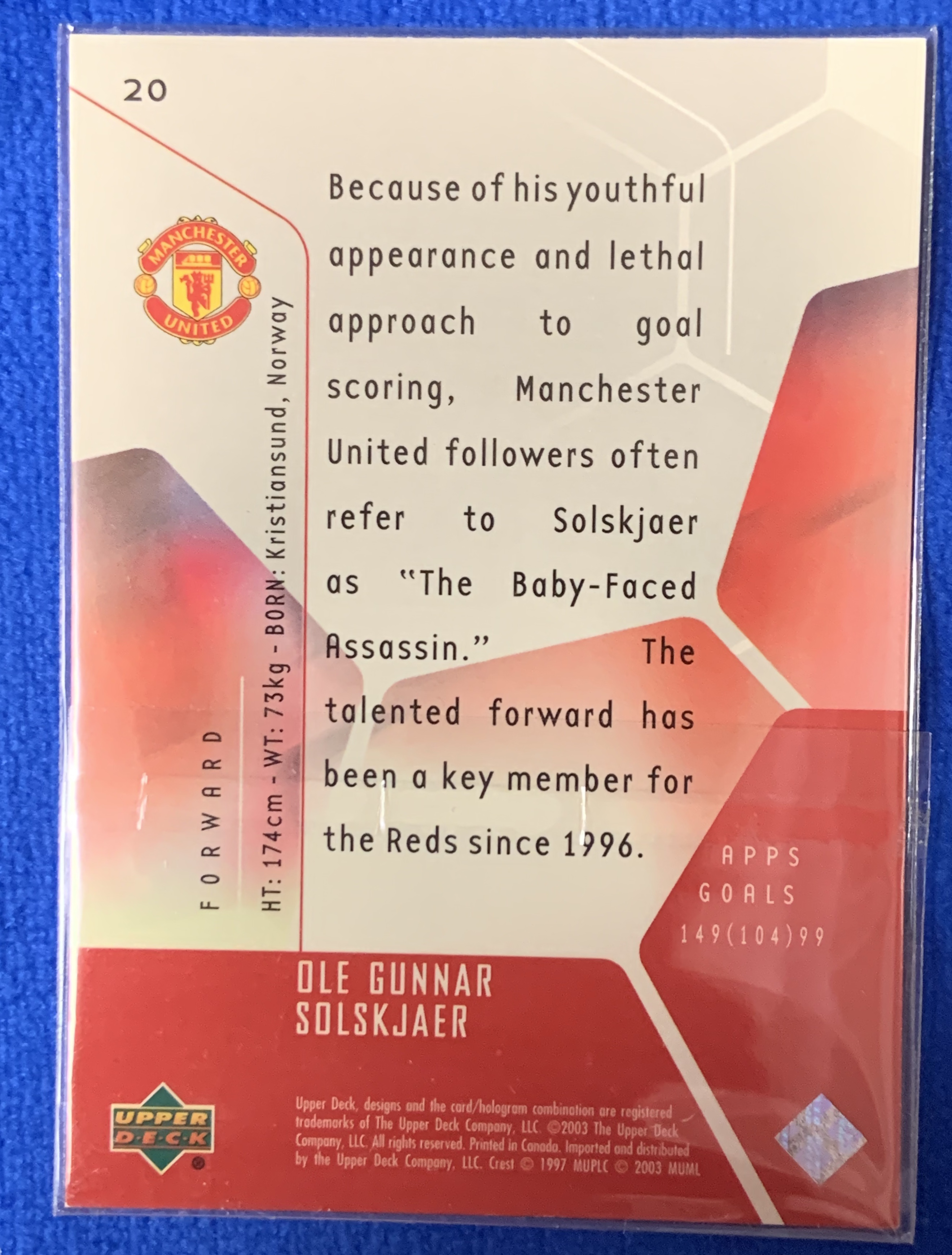 2003 Upper Deck Manchester United Ole Gunnar Solskjaer 亚德 曼联 索尔斯克亚 三冠王 挪威Norway 经典老卡 不保卡品 ebay有价