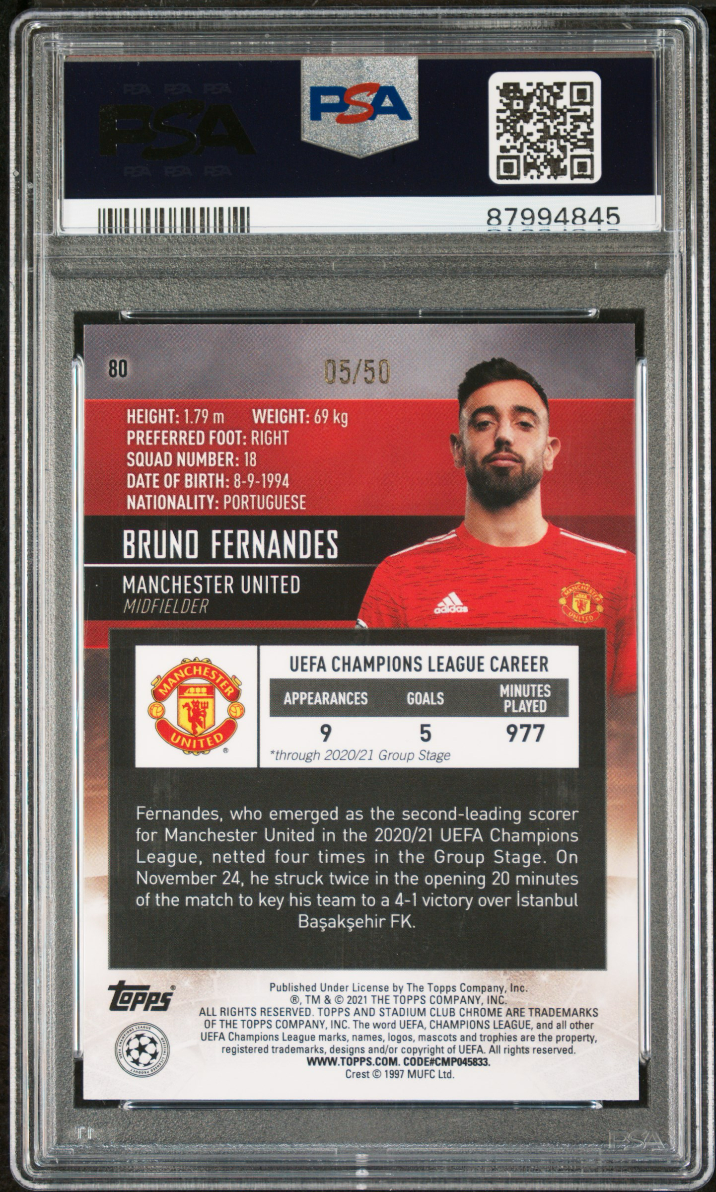 2020-21 Topps Stadium Club Bruno Fernandes 「墨色拍卖」 竞技场 曼联 布鲁诺 费尔南德斯 B费 05/50 Gold 金折 PSA 10 BCH9