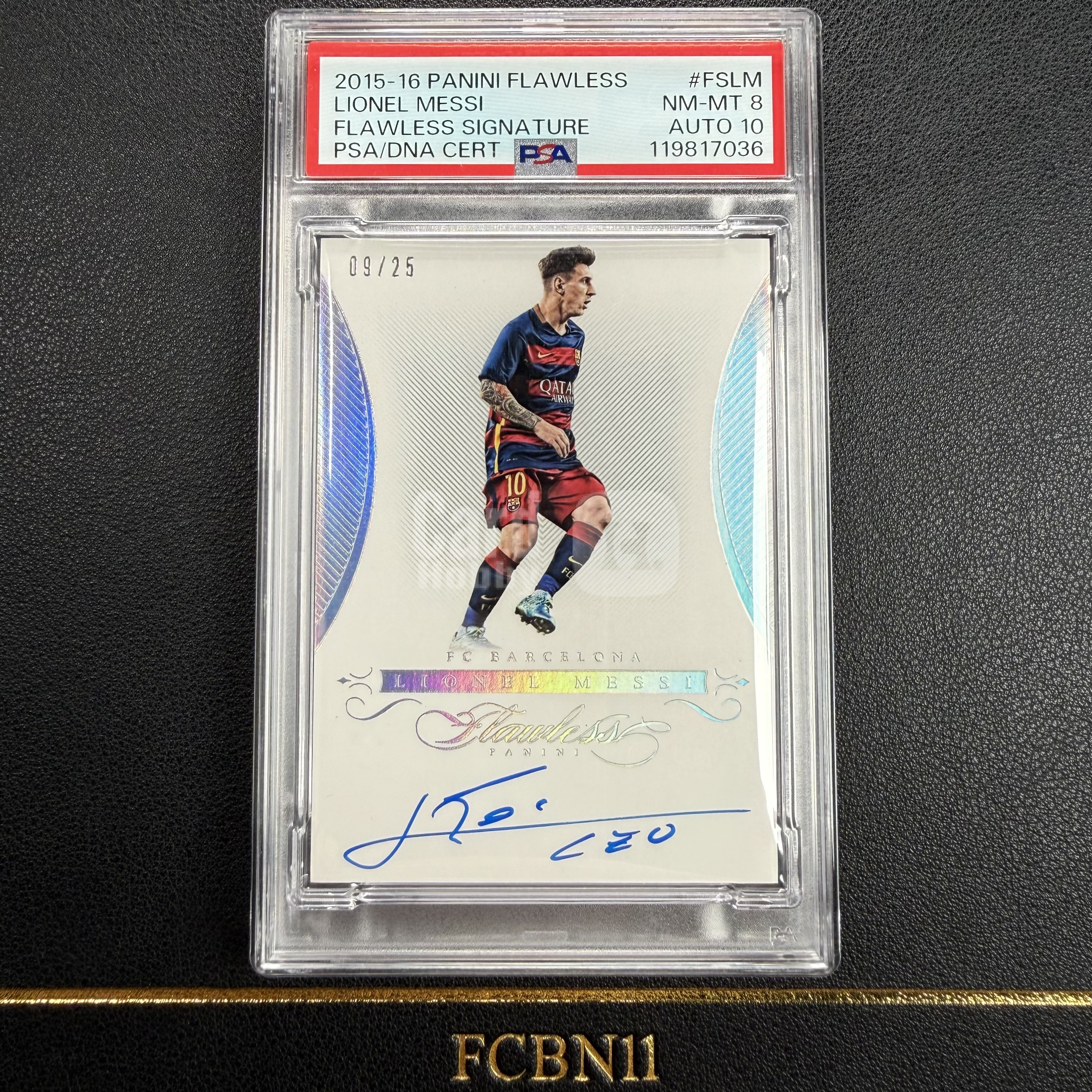 【FCB拍卖】2015-16 PANINI FLAWLESS MESSI 梅西 25编 银折 卡签 PSA8/10 暂无更高分 半球 签字 背面记录梅西打破西甲联赛进球纪录 巴萨 阿根廷 元年手提｛ise58｝FCBN11代理拍卖