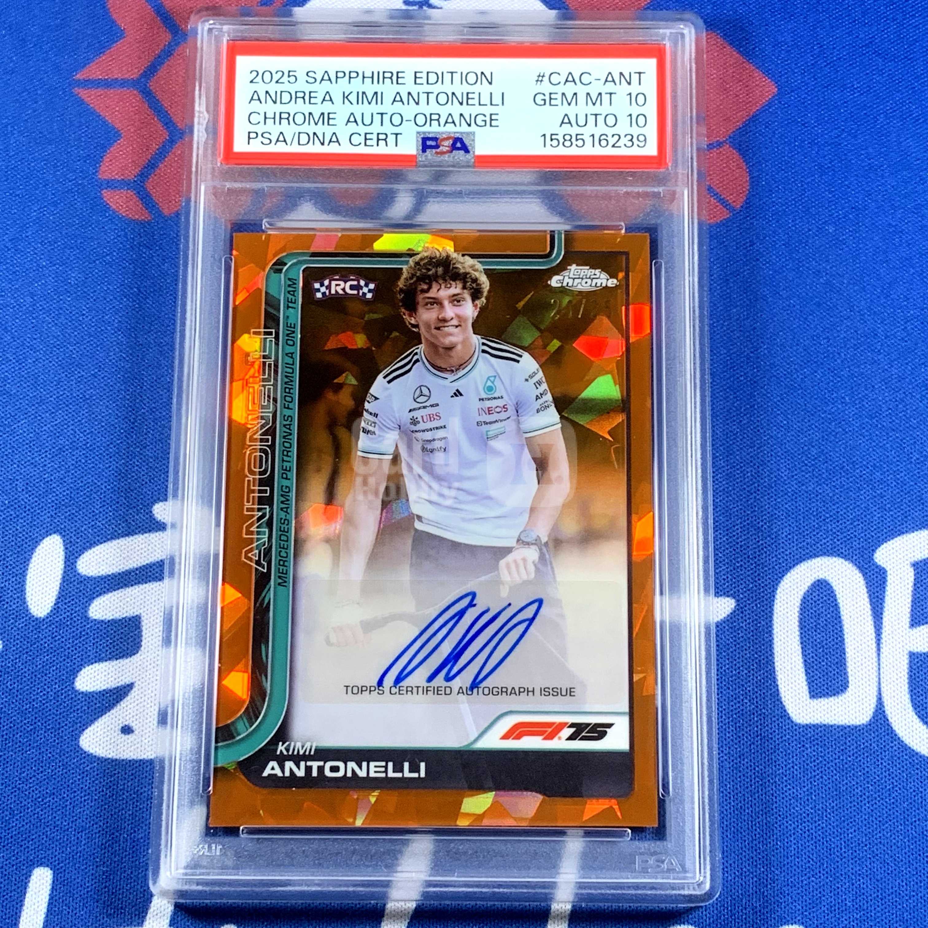 2025 Topps Chrome Kimi Antonelli 【海宝】TC 蓝宝石 F1 75周年 奔驰 新秀RC 安东内利 25编 橙折 橙碎冰折 签字卡 PSA10/10分 双10分 pop1