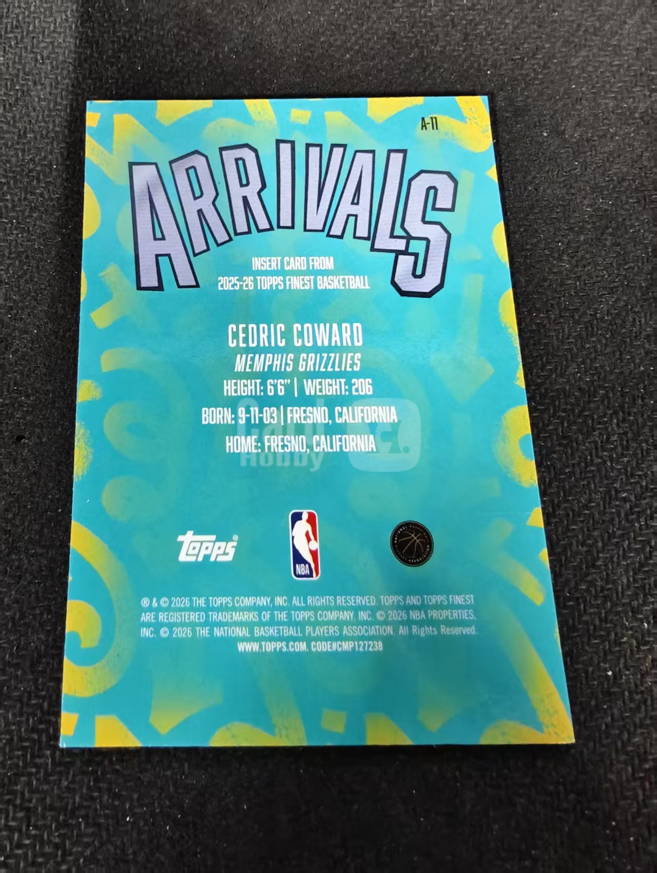 2026 Topps Finest Cedric Coward 灰熊 塞德里克 考沃德 新秀 rc 银棋盘格折 折射 Arrivals 特卡 瑕疵如图