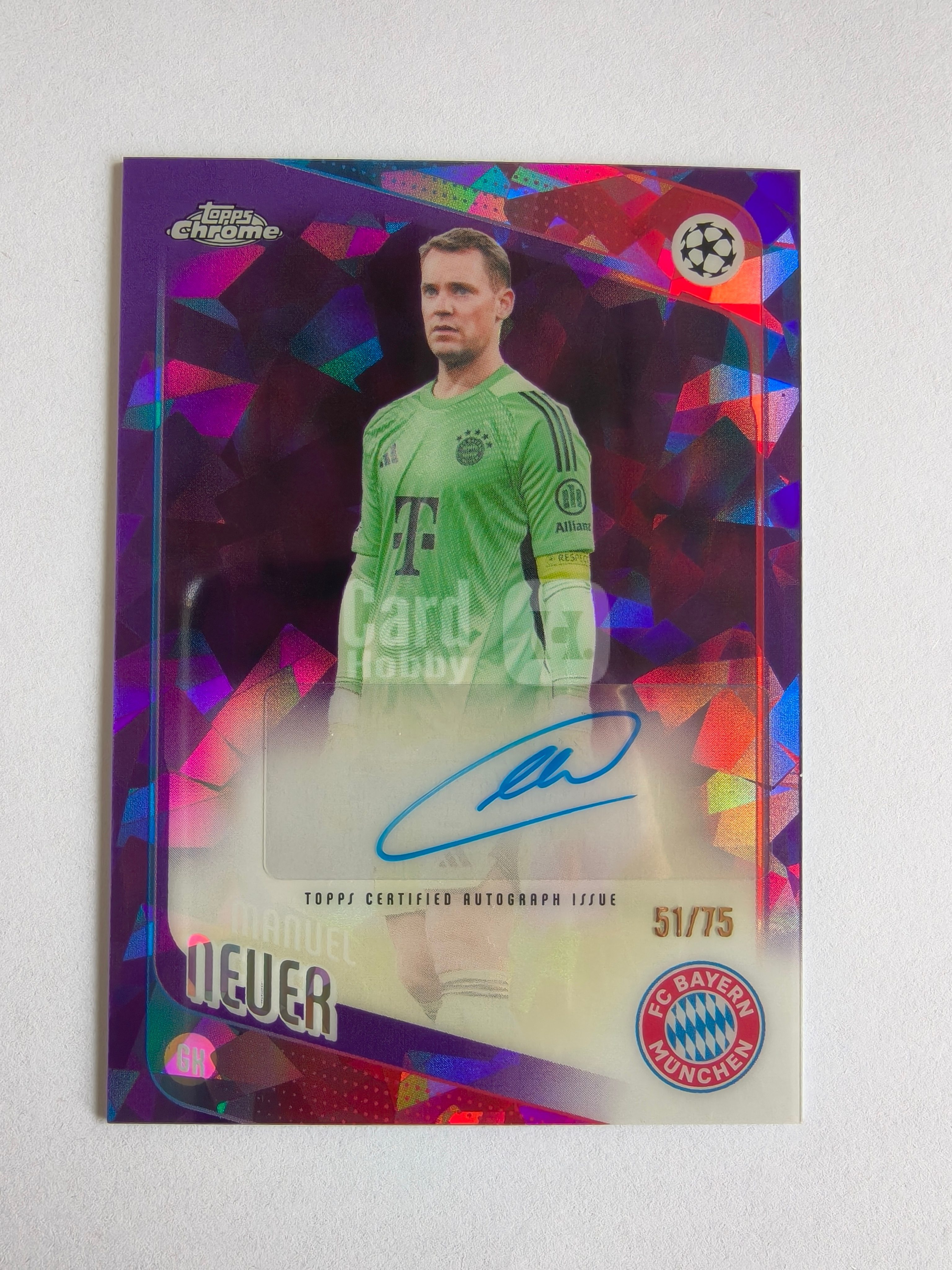 2026 Topps Chrome UEFA Club Manuel Neuer 欧冠 欧战 蓝宝石 拜仁慕尼黑 曼努埃尔 诺伊尔 75编 签字 紫碎冰折射 收藏必备 卡品如图 TY568