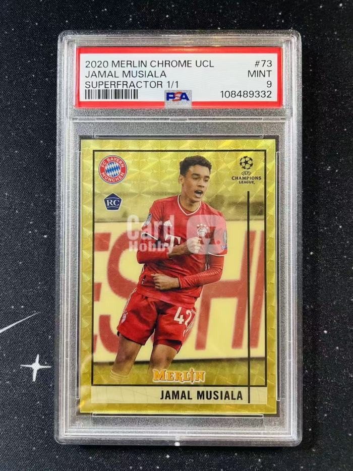 2020-21 Topps Merlin Chrome 欧冠 梅林 元年 Jamal Musiala 穆西亚拉 穆夏拉 1/1编 新秀RC 1of1 爆金折 拜仁 小鹿 一编 1编 PSA9分 POP1 德国 洛北拍卖 拿骚