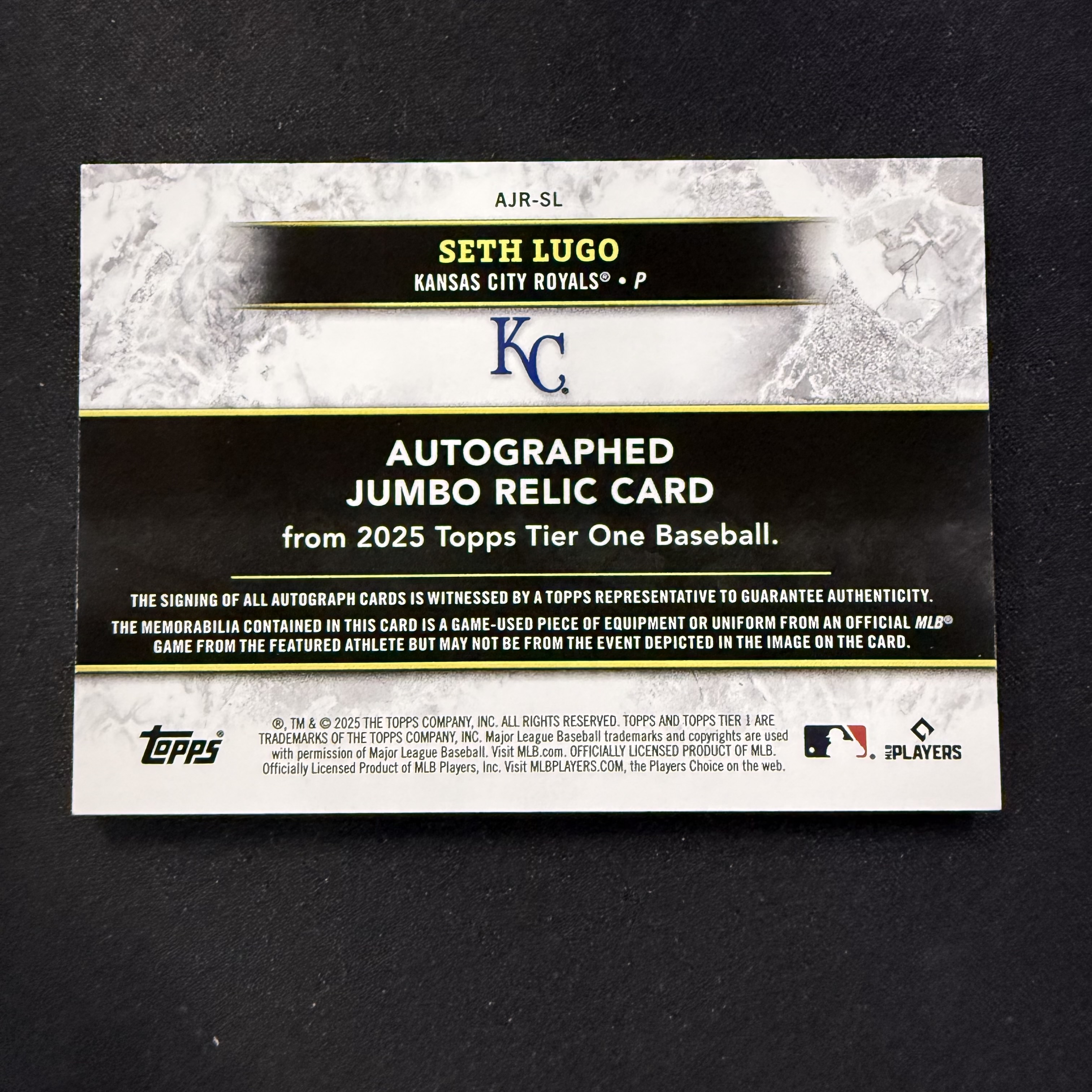 2025 Topps TIER ONE SETH LUGO 【SC拍卖】棒球 赛斯卢戈 堪萨斯城皇家 99/199编 物料签 落场 签字 收藏必备(HTM777)