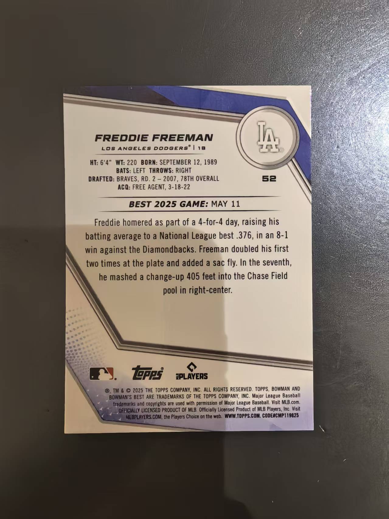 2025 Topps Bowmans Best Freddie Freeman MLB 大联盟 洛杉矶道奇 弗雷迪 弗里曼 自由人 /250编 紫折 卡品如图 凑套收藏