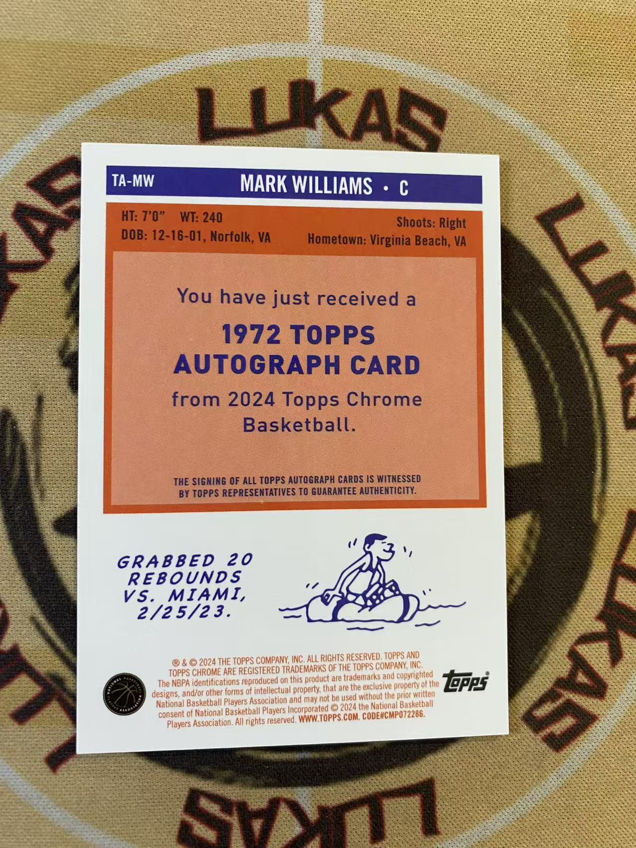 撸卡厮 Lukas 2024 Topps 黄蜂 内线悍将 马克 威廉姆斯 签字卡(青)