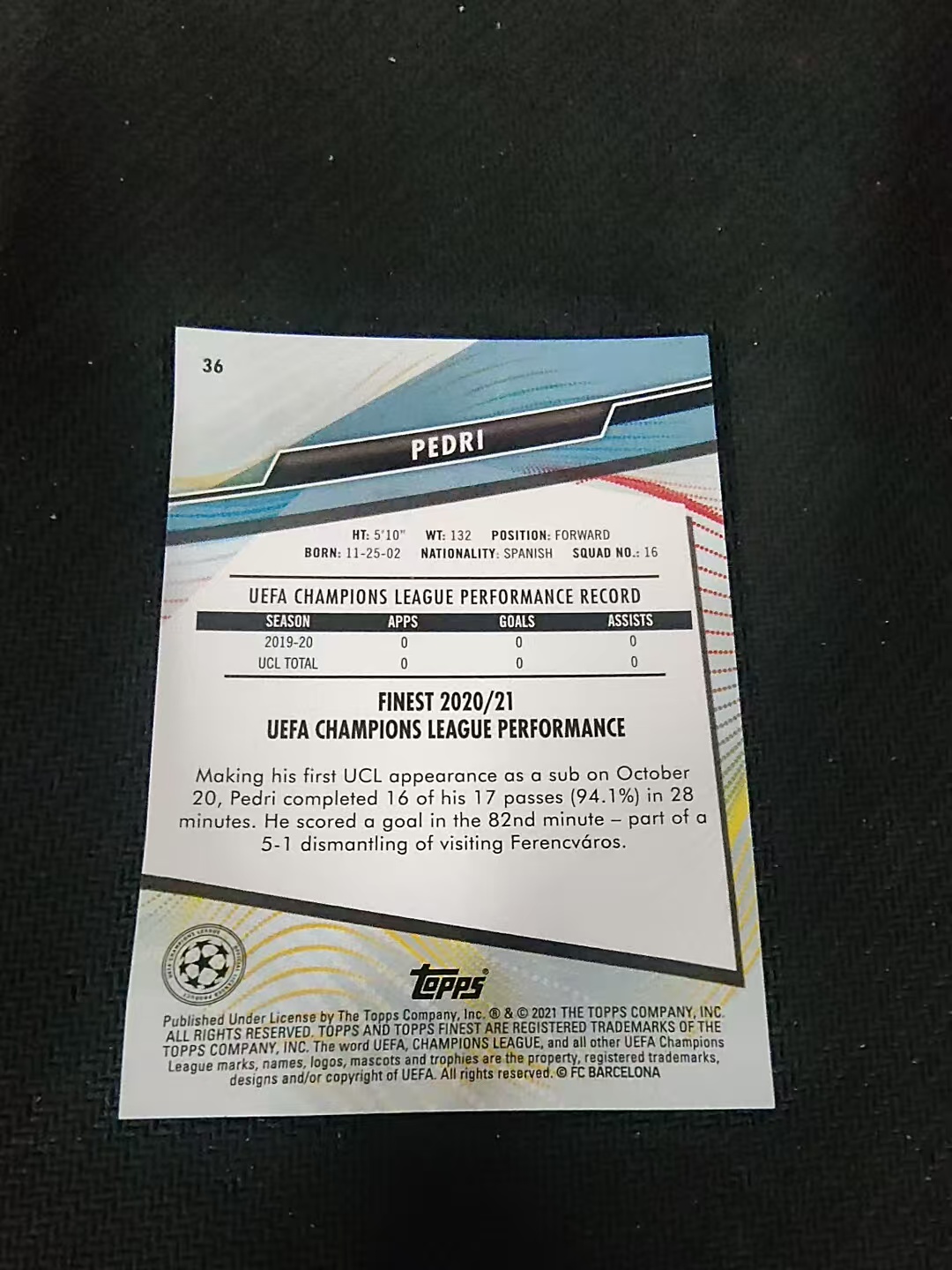 【可合并,不累计】2021 Topps Finest Pedri RC 欧冠 佩德里 巴塞罗那 新秀 划痕 边角瑕疵 #36