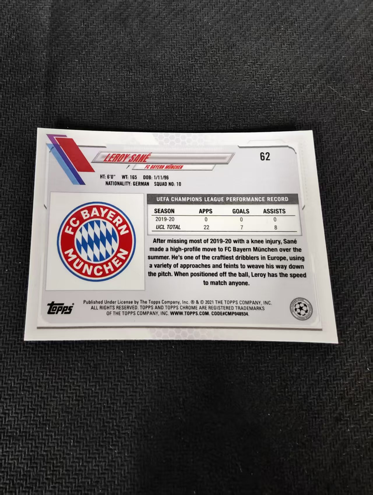 【可合并,不累计】2021 Topps Chrome leroy sane 萨内 拜仁慕尼黑 欧冠 划痕 边角瑕疵 @62