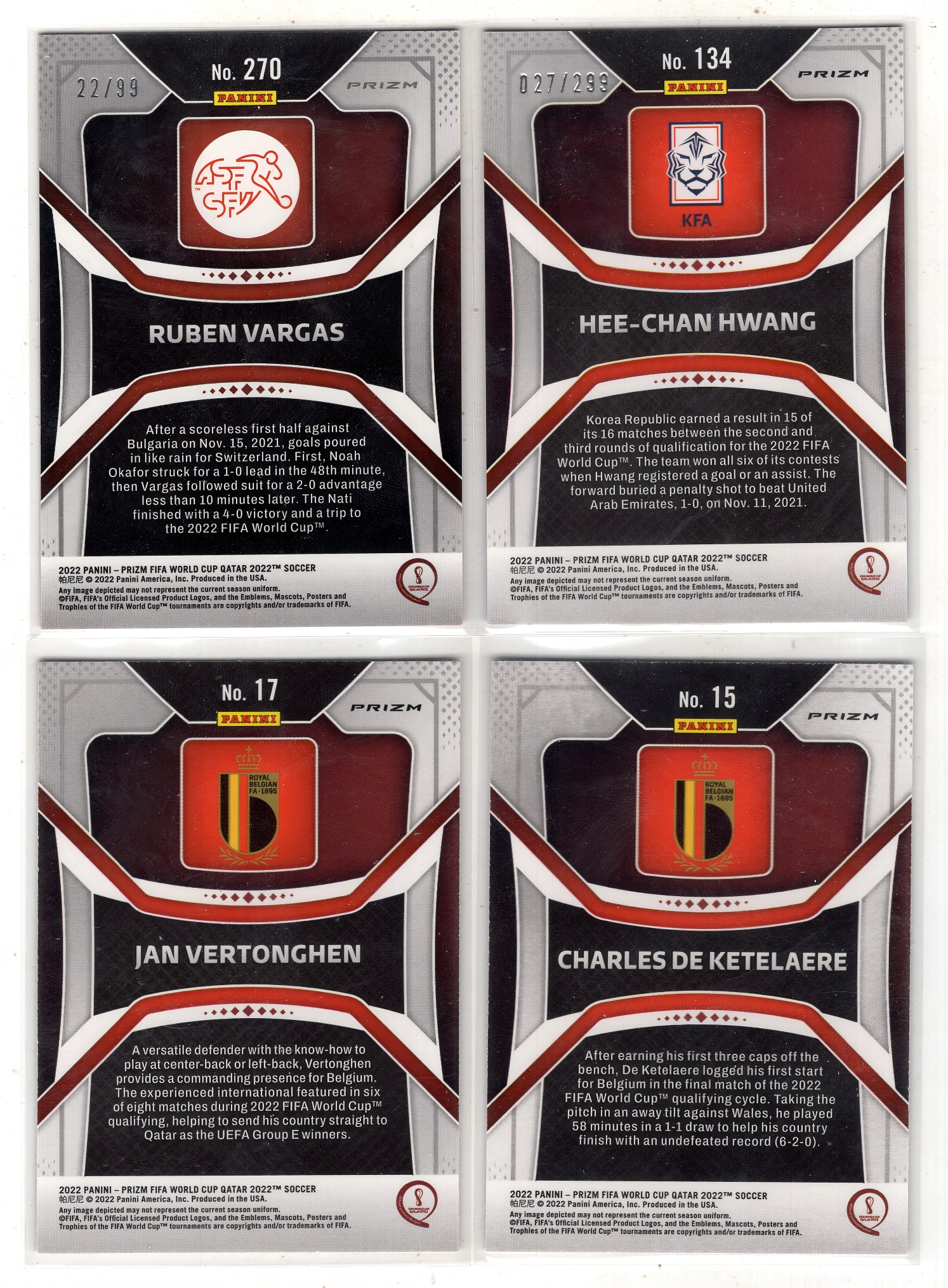 2022 Panini World Cup Prizm lot 【来拆波卡】世界杯 prizm 德卡特莱尔 维尔通亨 巴尔加斯 黄喜灿 银折 红圈圈折 红mojo折 蓝折 299编 99编 jjdk