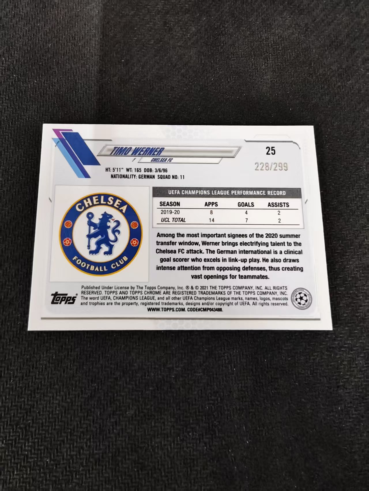 【可合并,不累计】2021 Topps Chrome Timo Werner 蒂莫 维尔纳 切尔西 欧冠 碎花折 299编 瑕疵如图