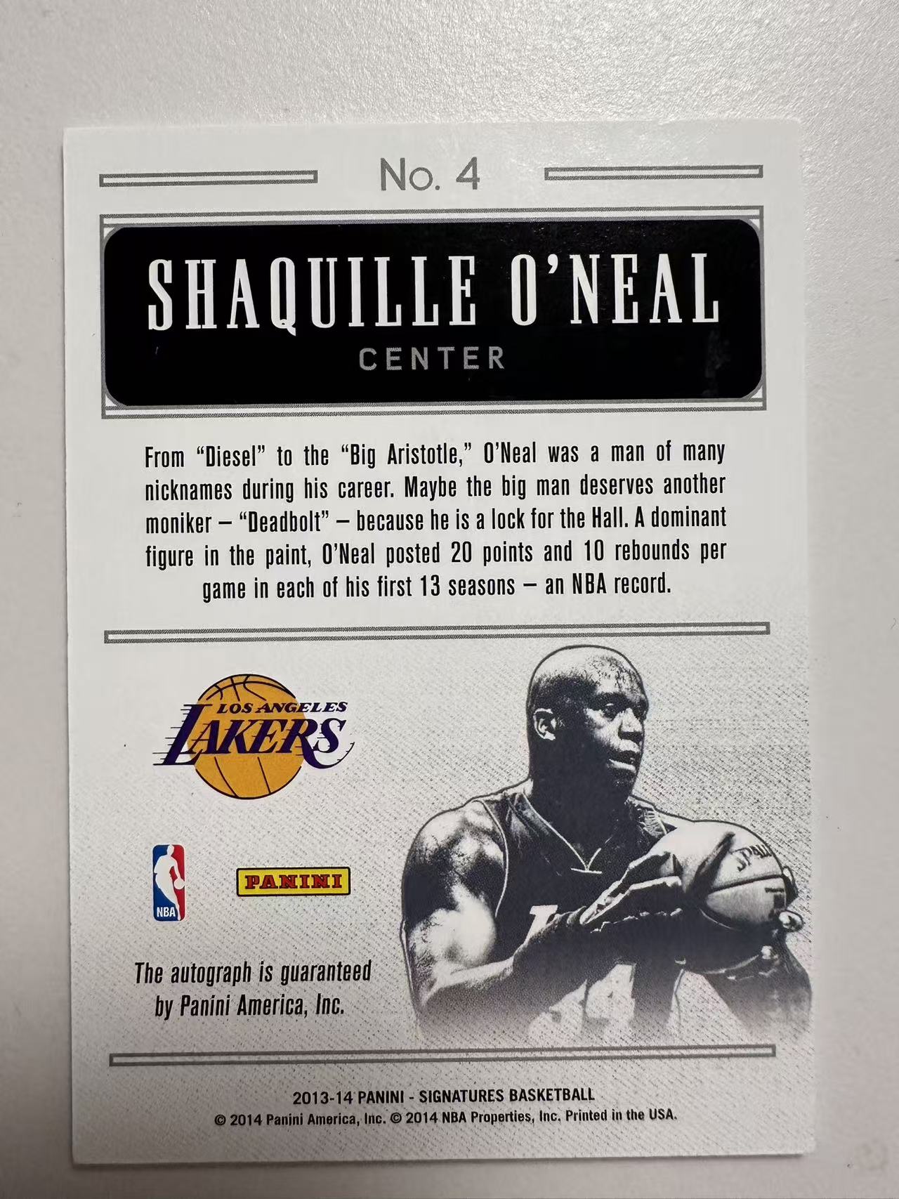 2013-14 Panini Signature Shaquille O'Neal 大鲨鱼 沙奎尔 奥尼尔 HOPEFUL 卡签 20/20尾编 微瑕如图 实卡超美 现在已没有这样的全签了 !