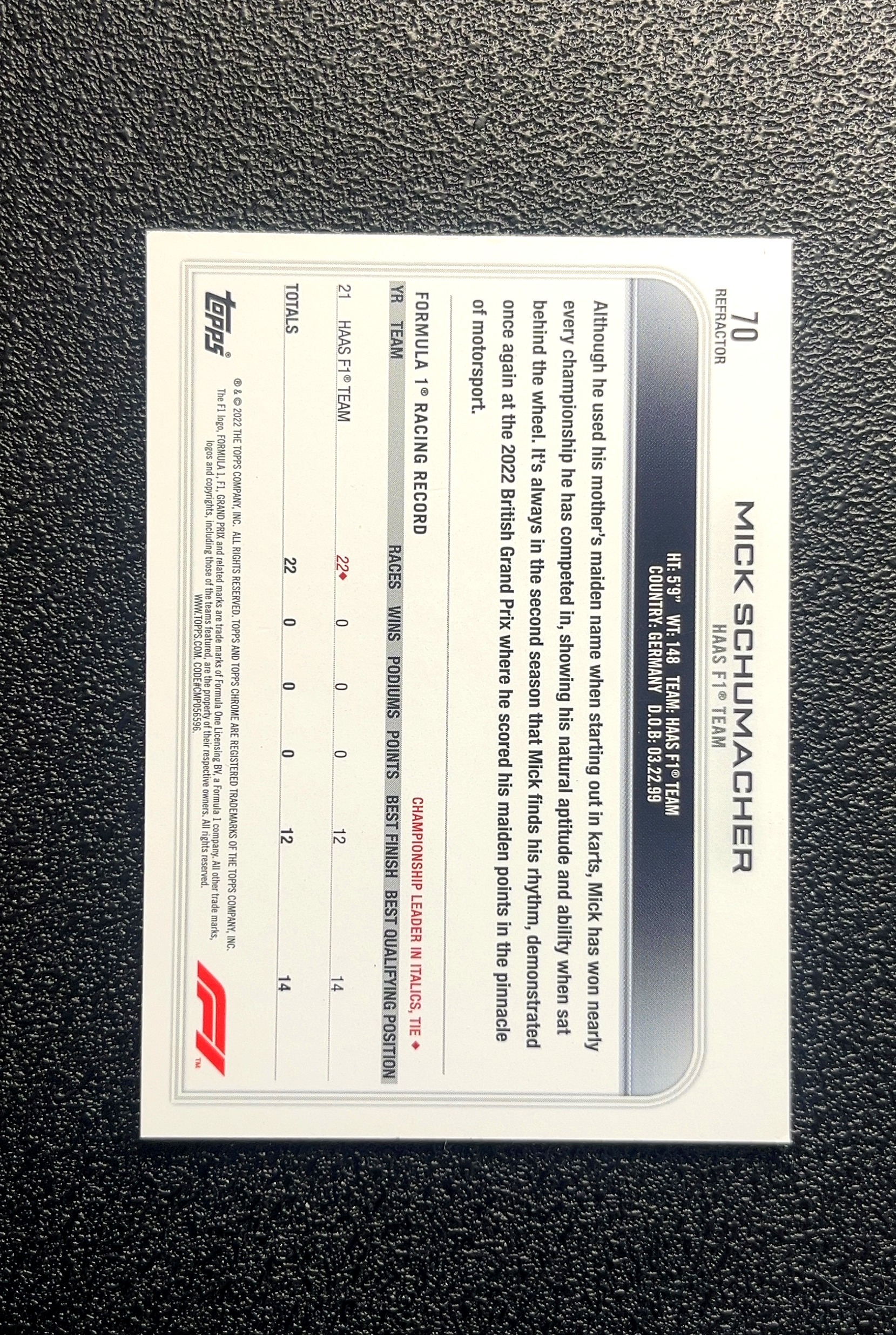 【小白1%代卖】2022 Topps Chrome Mick Schumacher 米克·舒马赫 银折 折射 卡品如图 高价值 #70 Haas F1 Team 哈斯 车队 0018#575