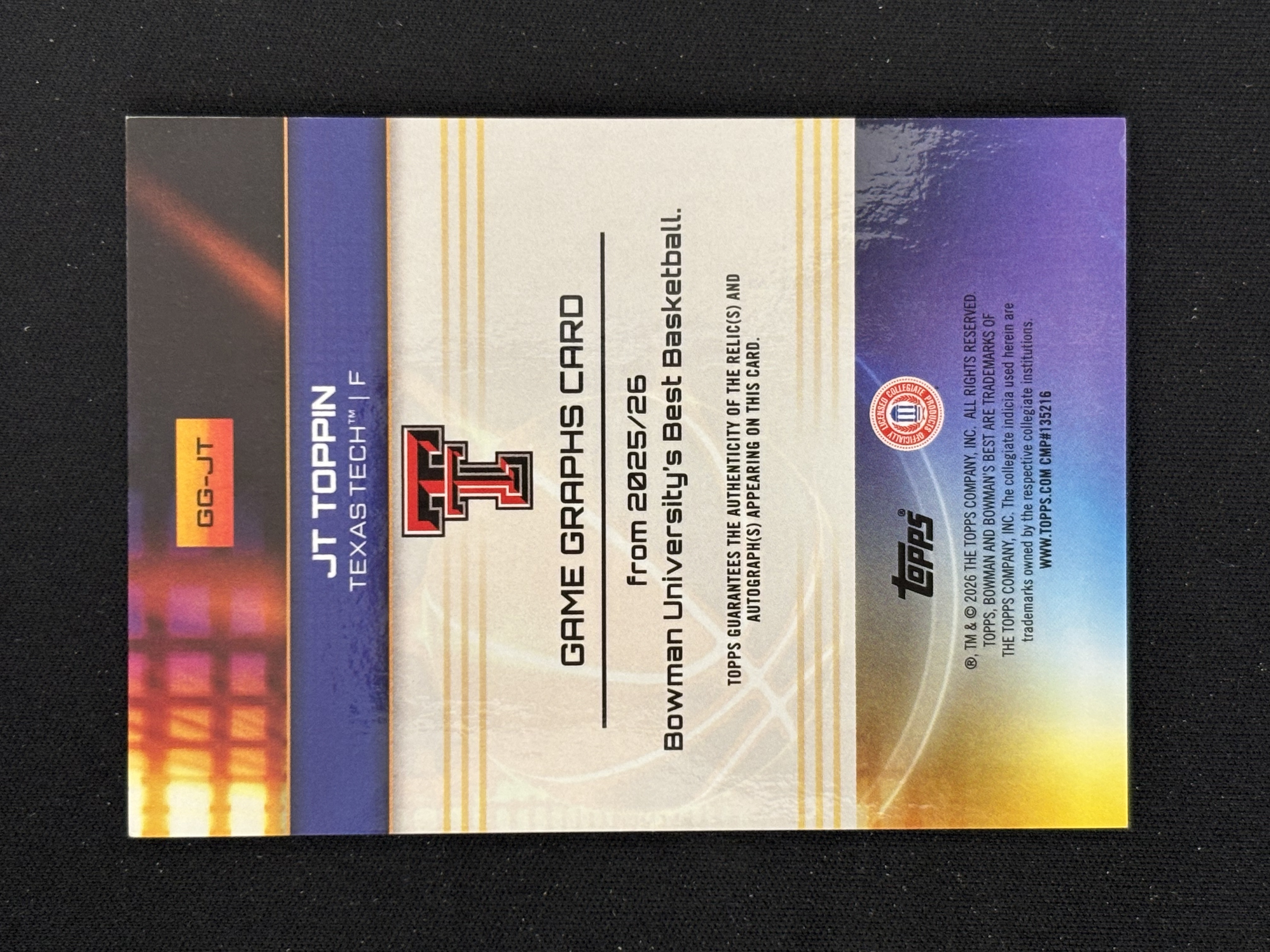 2025-26 Topps Bowman University Best JT Toppin 大学 JT托平 Game Graphs 球衣物料切割 GU亲穿 黄镭射折 13/75编 卡品如图 - 红豆