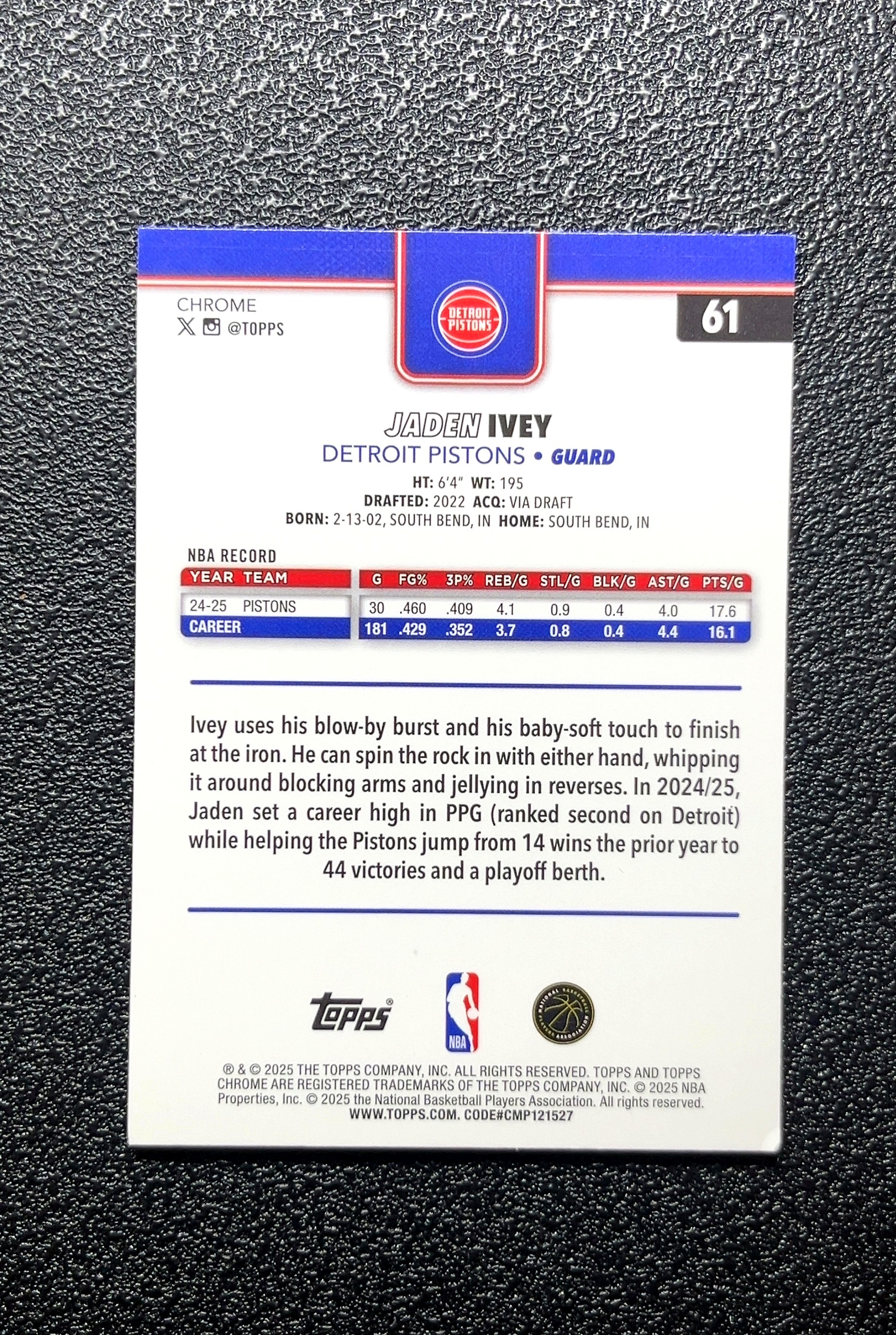 【岛屿拍卖】2024 Topps Chrome Jaden Ivey 贾登·艾维 新秀 RC 卡品如图 高价值 #61 Detroit Pistons 底特律活塞 0008#214