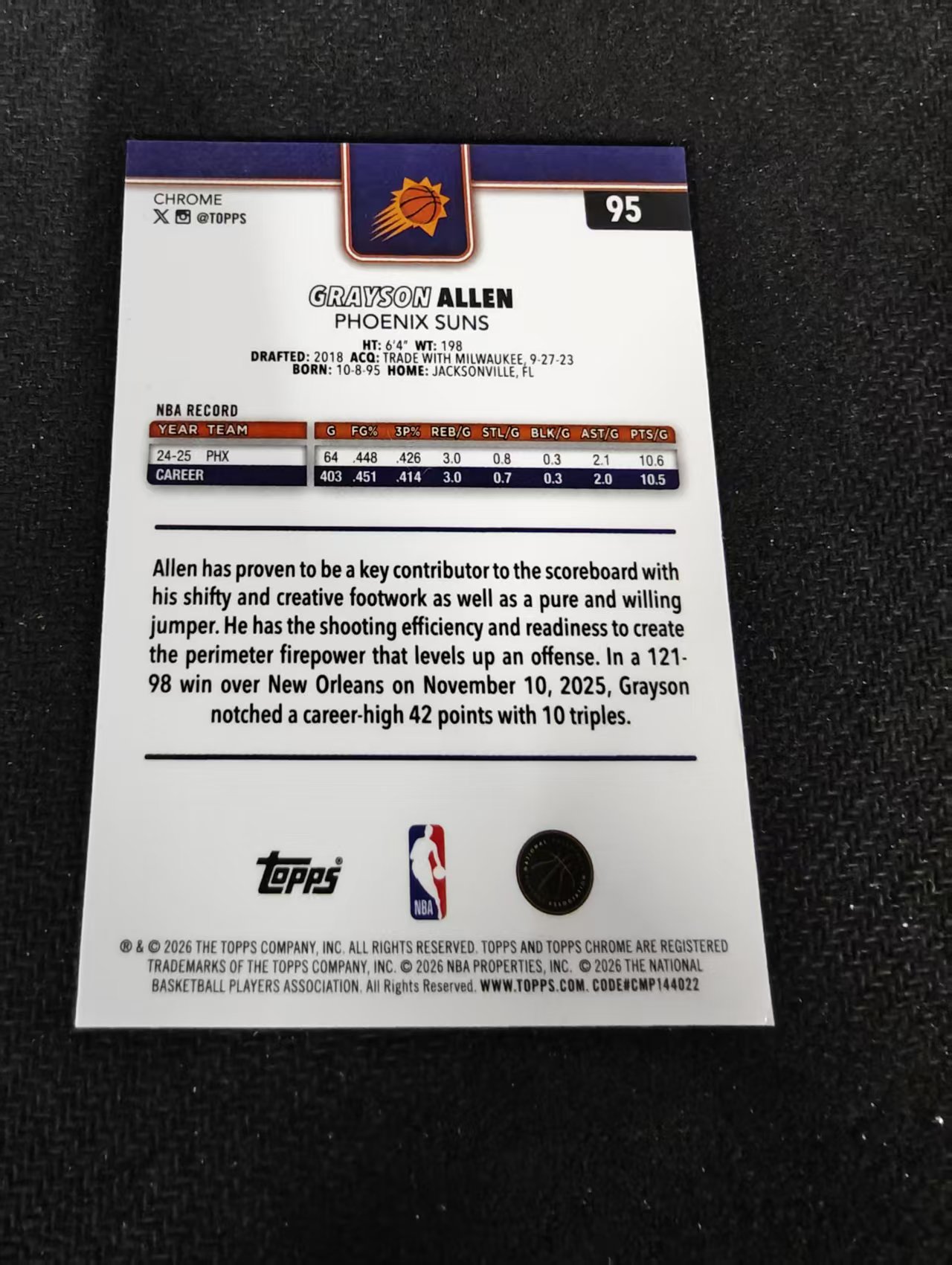 2026 Topps Chrome Update Grayson Allen 格雷森 阿伦 太阳 TCU 划痕 边角瑕疵 #95
