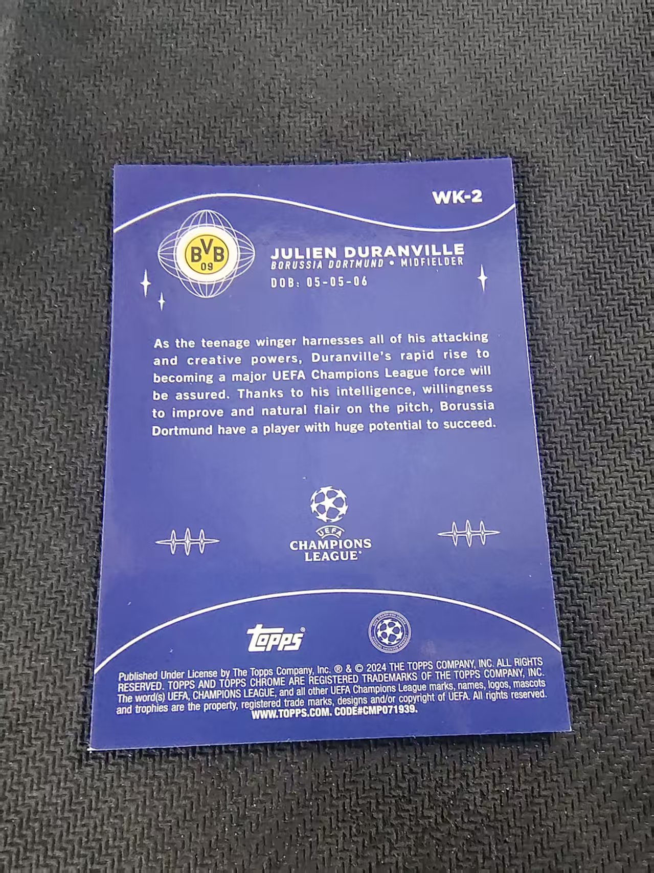 【可合并,不累计】2024 Topps Chrome julien duranville 迪朗维尔 多特蒙德 新秀 欧冠 神奇小妖特卡 银折 划痕 边角瑕疵 #2
