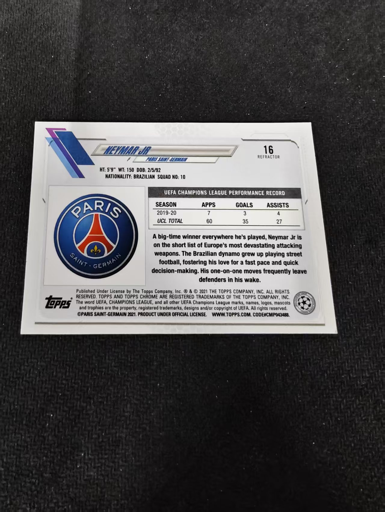 【可合并,不累计】2021 TOPPS Chrome Neymar Jr 欧冠 TC 巴黎圣日耳曼 内马尔 银折 划痕 边角瑕疵 #16