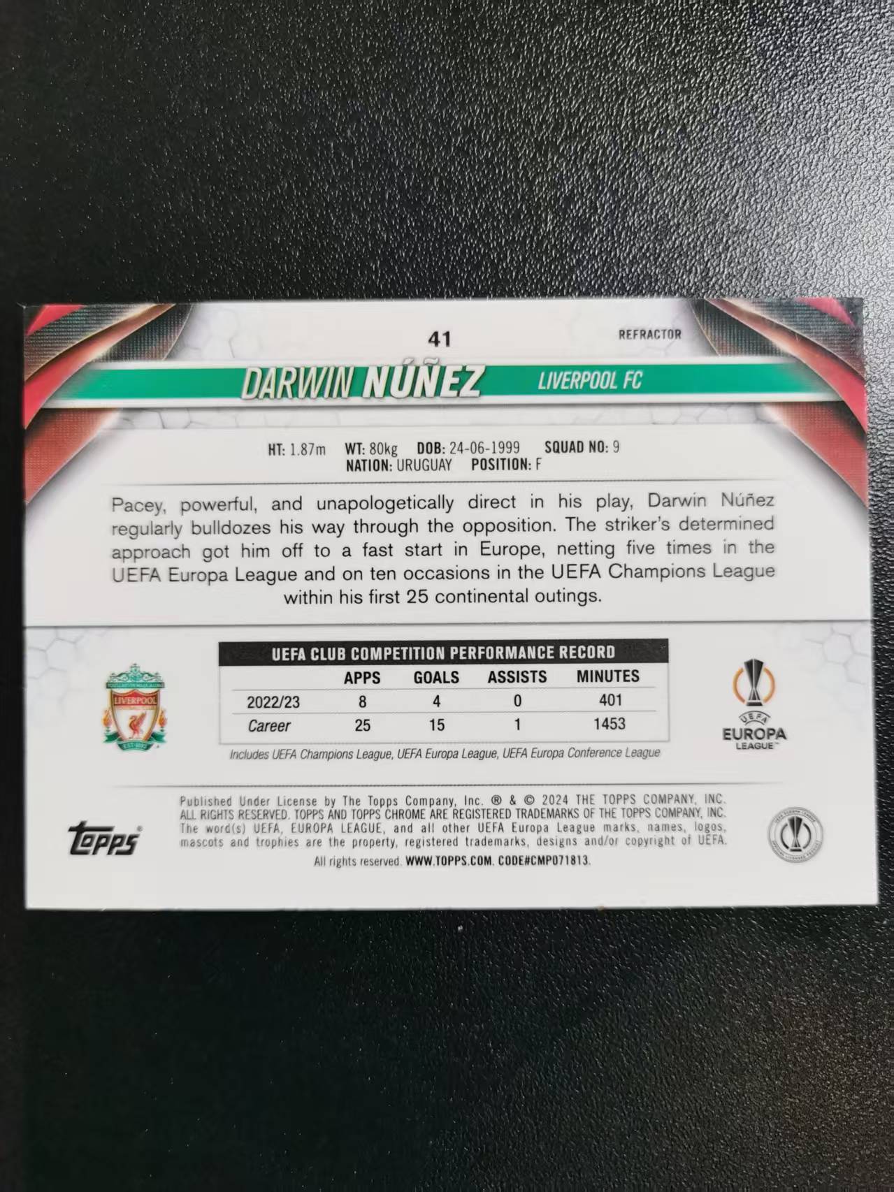 2024 Topps Chrome Darwin Nunez 达尔文努涅斯 利物浦 乌拉圭 TC欧冠 折射 收藏凑套 卡品如图 免费代拍CC06