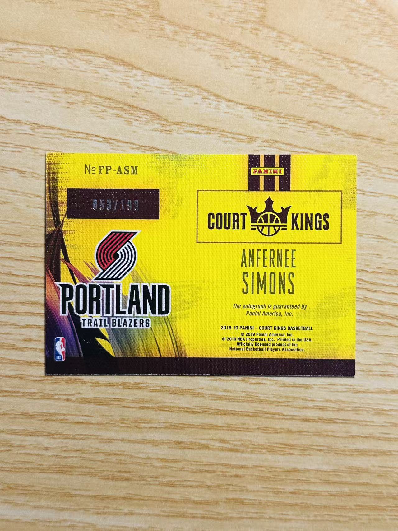 2018-19 Panini Court Kings Anfernee Simons 嘿嘿代卖 油画 安芬尼 西蒙斯 新秀 RC 签字 卡签 199编 开拓者 收藏必备