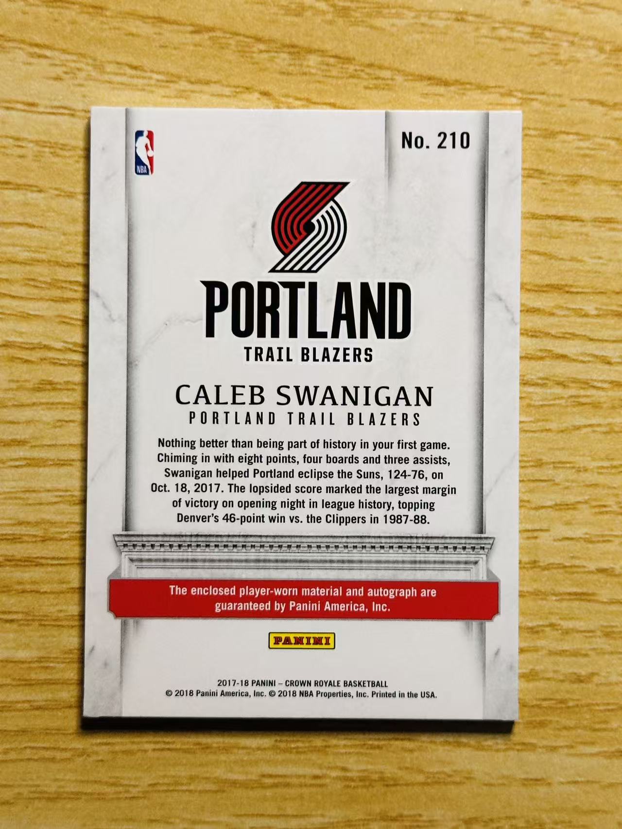 2017-18 Panini Crown Royale Caleb Swanigan 嘿嘿代卖 凯莱布 斯瓦尼根 新秀 RC 签字 卡签 剪影 199编 开拓者 收藏必备