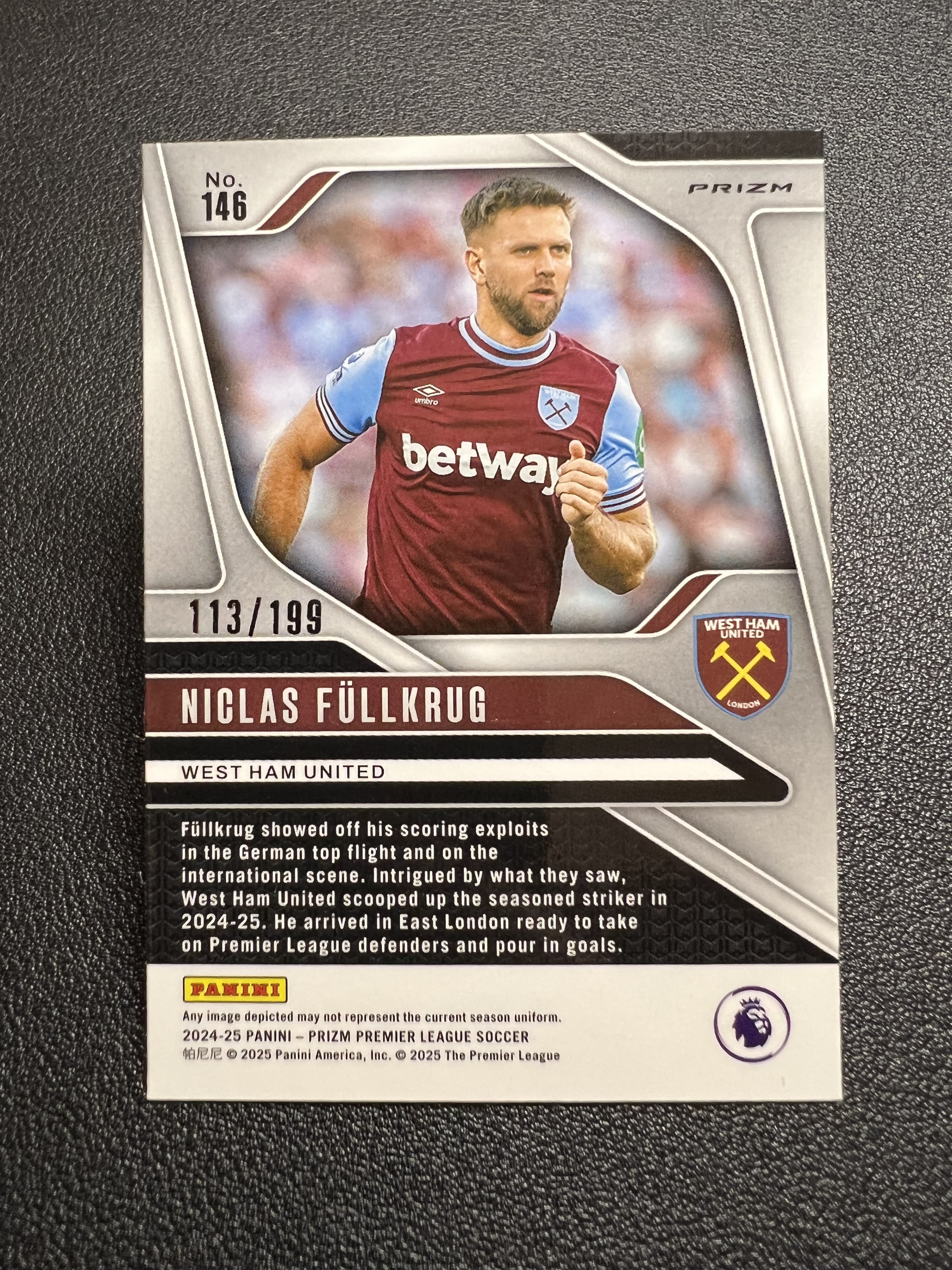 2024-25 Panini Prizm Niclas Fullkrug 【星佑代卖】PZ 英超 西汉姆联 尼古拉斯 菲尔克鲁格 红折 199编 收藏必备 alan