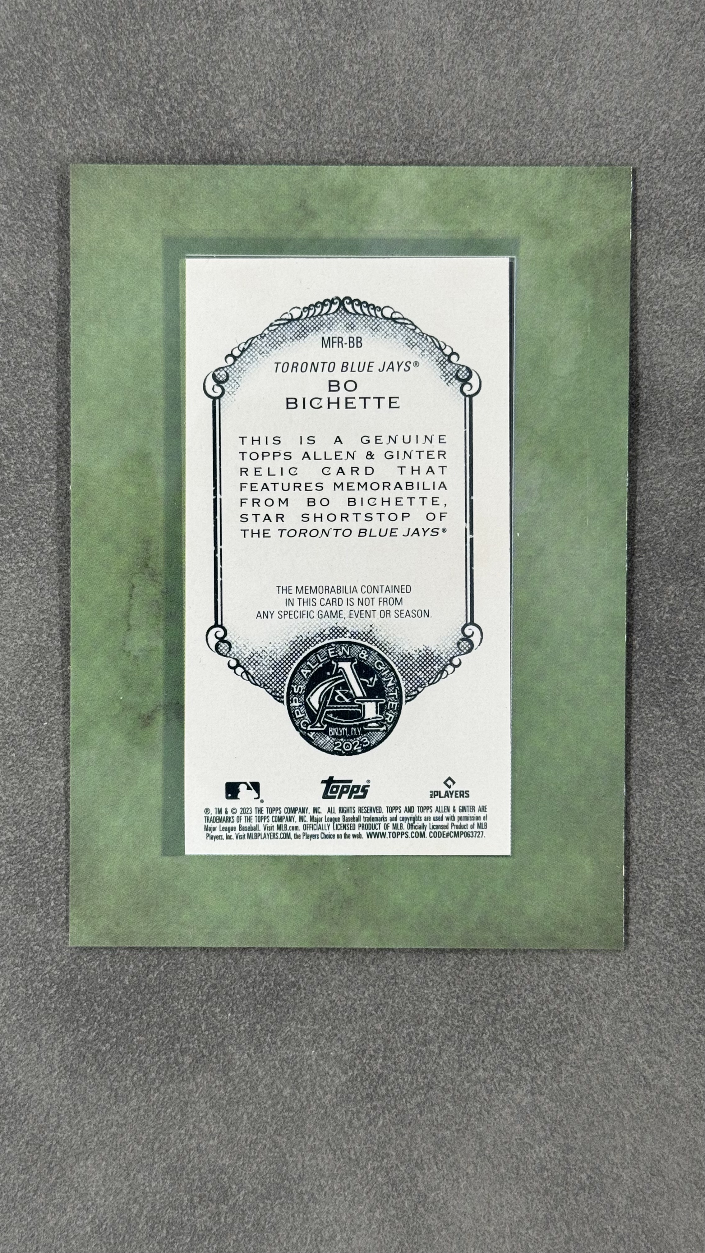 2023 Topps Allen & Ginter Bo Bichette 蓝鸟队 波比谢特 二垒手 世界大赛 game-used 亲穿球衣切割 实卡好看 值得收藏