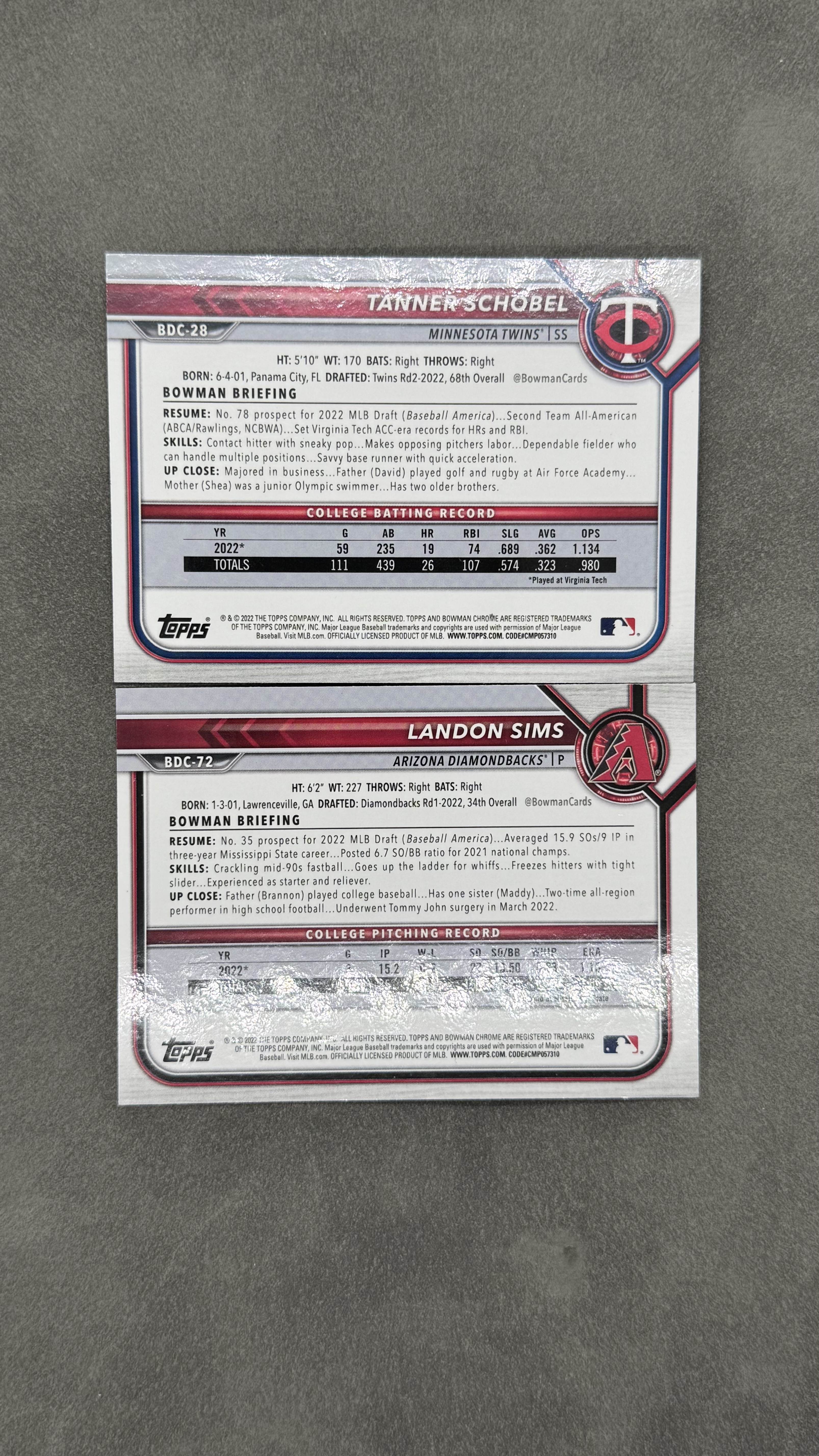 2022 Bowman Draft London Sims &Tanner Schobel 1St 兰登 西姆斯&坦纳・肖贝尔 新秀 银折 未来可期 值得投资收藏