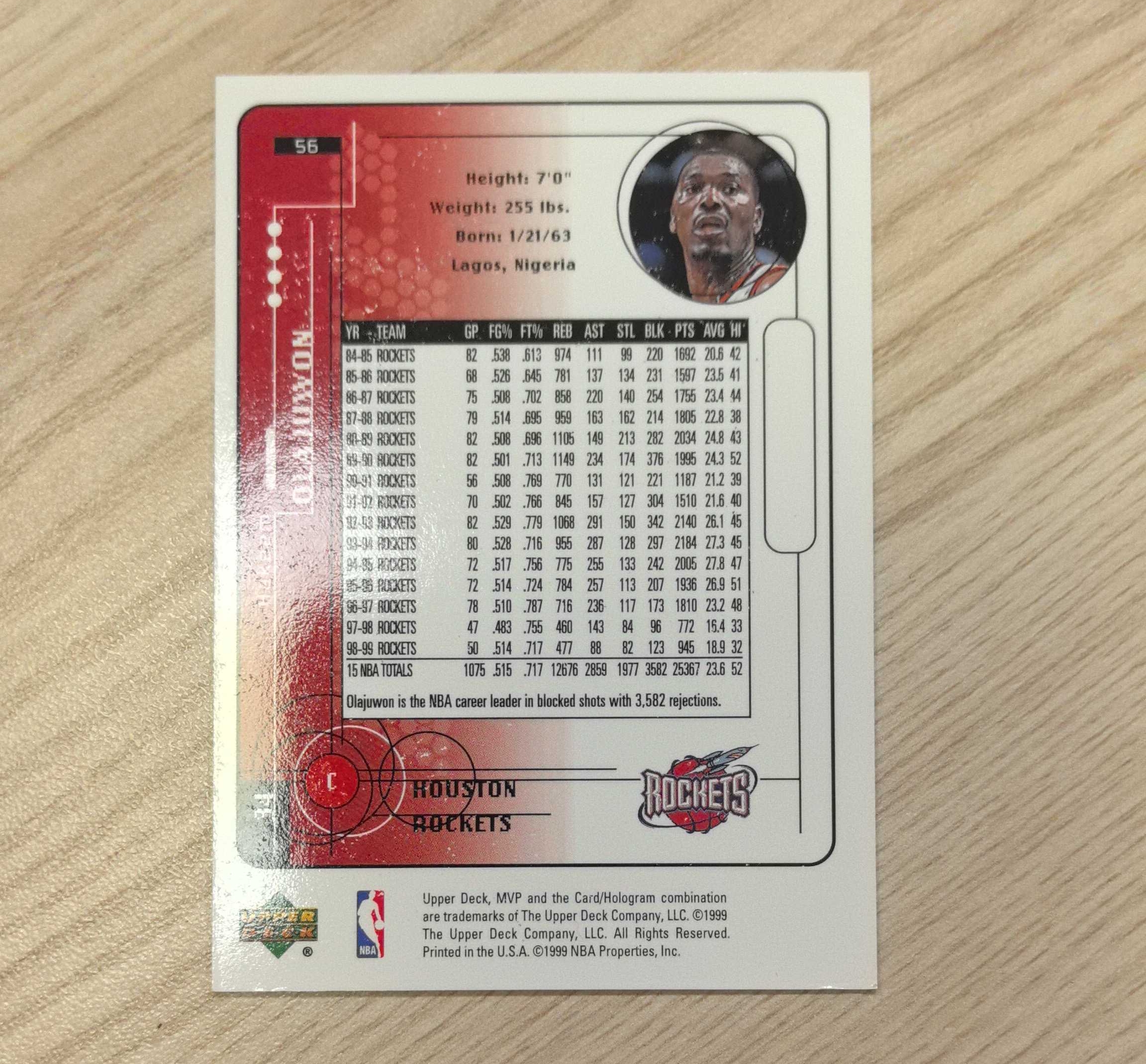 1999-00 Upper Deck MVP Hakeem Olajuwon 奥拉朱旺 大梦 50大 75大 名人堂 84年状元 2届总冠军 12届全明星 MVP 6届最佳一阵 2届最佳防守 火箭猛龙