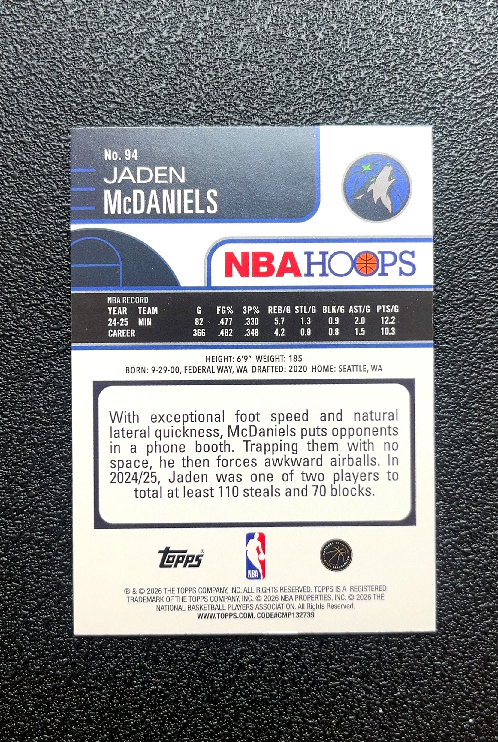 【小白1%代卖】2026 Topps NBA HOOPS Jaden McDaniels 贾登·麦克丹尼尔斯 绿折 折射 新秀 RC 卡品如图 高价值 #94 MINNESOTA 0019#137