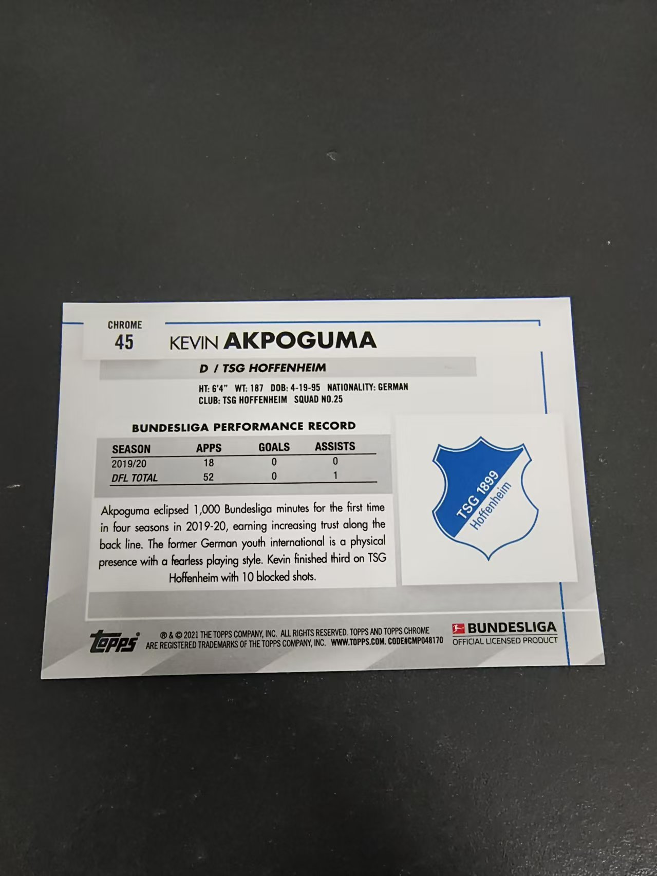 【汽水拍卖】2021 Topps Chrome kevin akpoguma 德甲 霍芬海姆 阿克波古马 蓝碎冰 #45