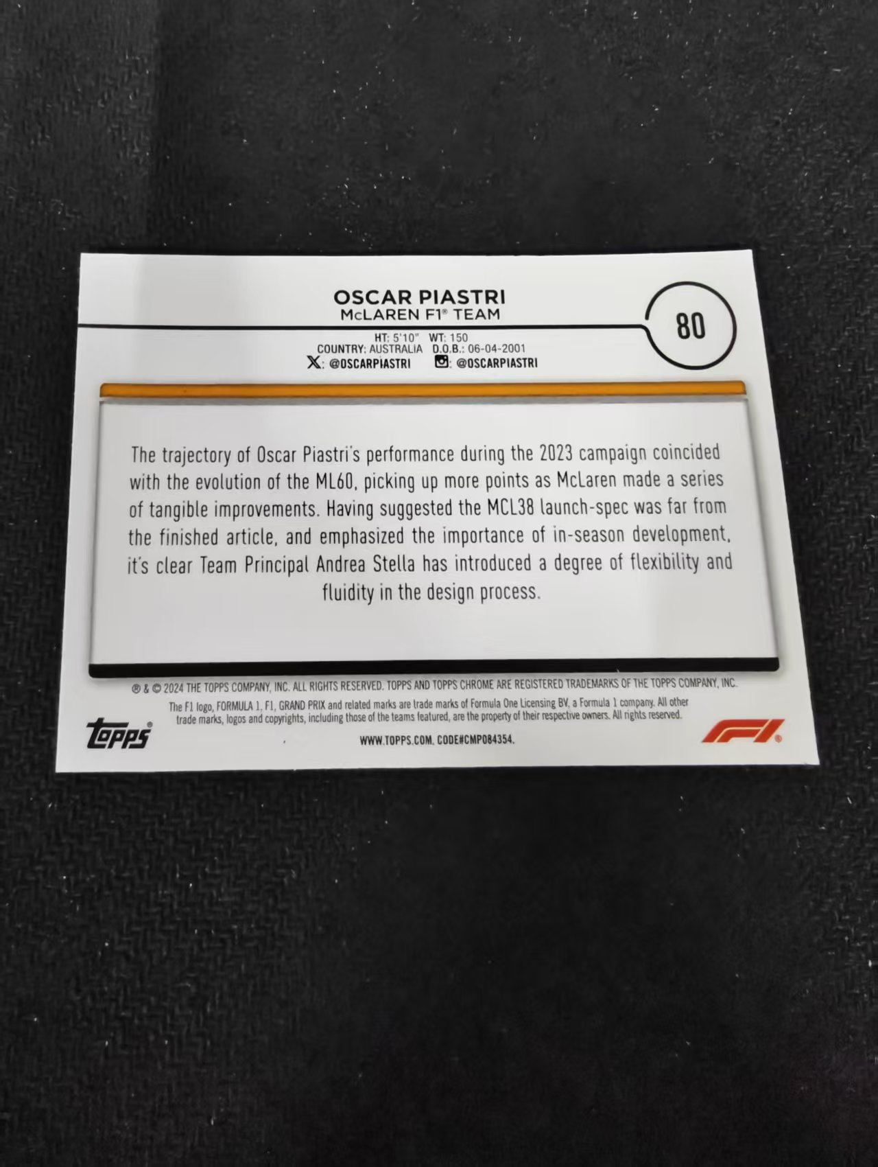 2024 Topps Chrome F1 Oscar Piastri 方程式赛车 奥斯卡 皮亚斯特里 迈凯伦车队 划痕 边角瑕疵 #80