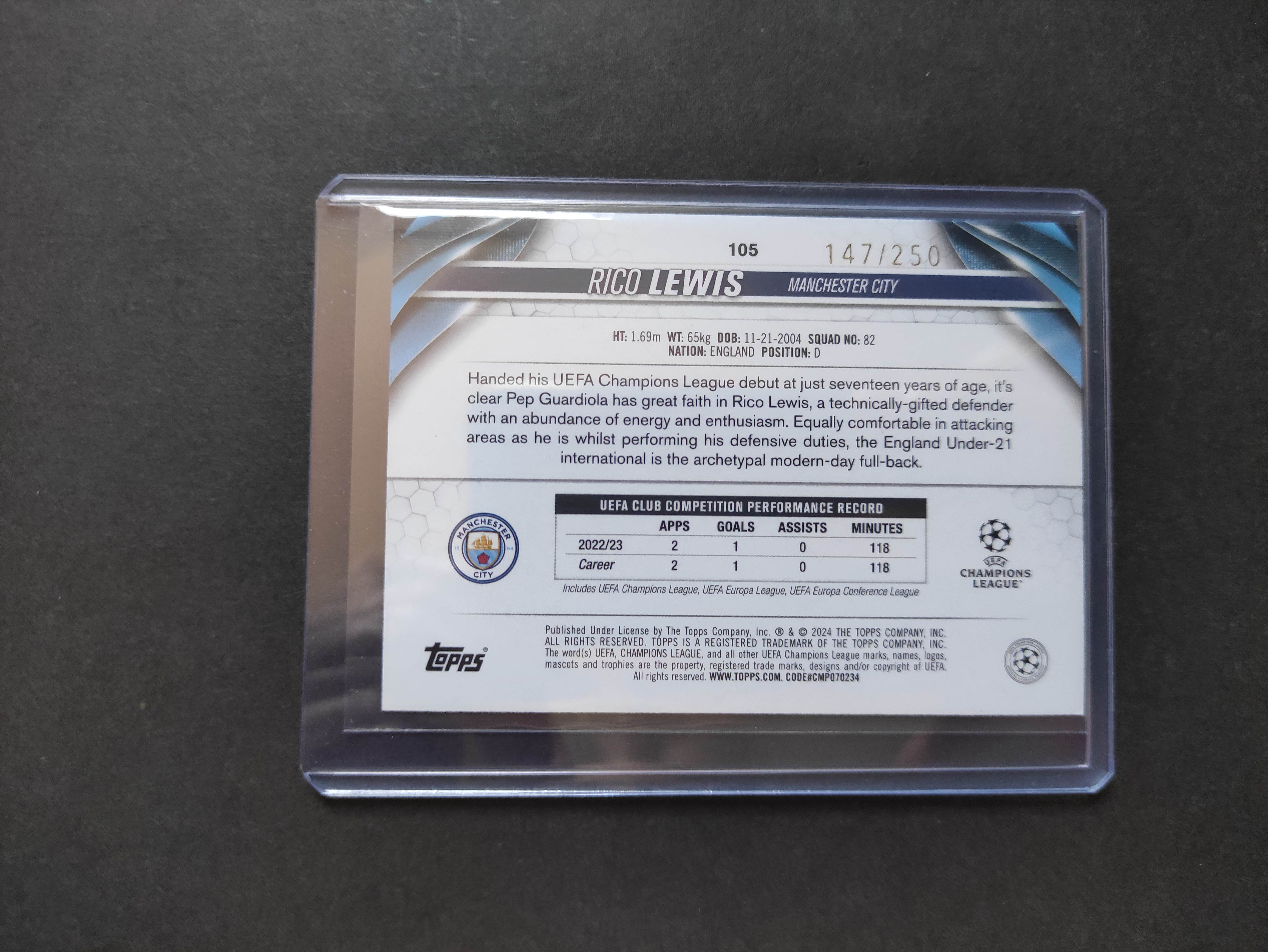 2024 Topps UCC Rico Lewis 【进击卡社】欧战 欧冠 青蓝折 蓝折 曼城 里科 刘易斯 FUTURE STARS 限量147/250编 专收必备