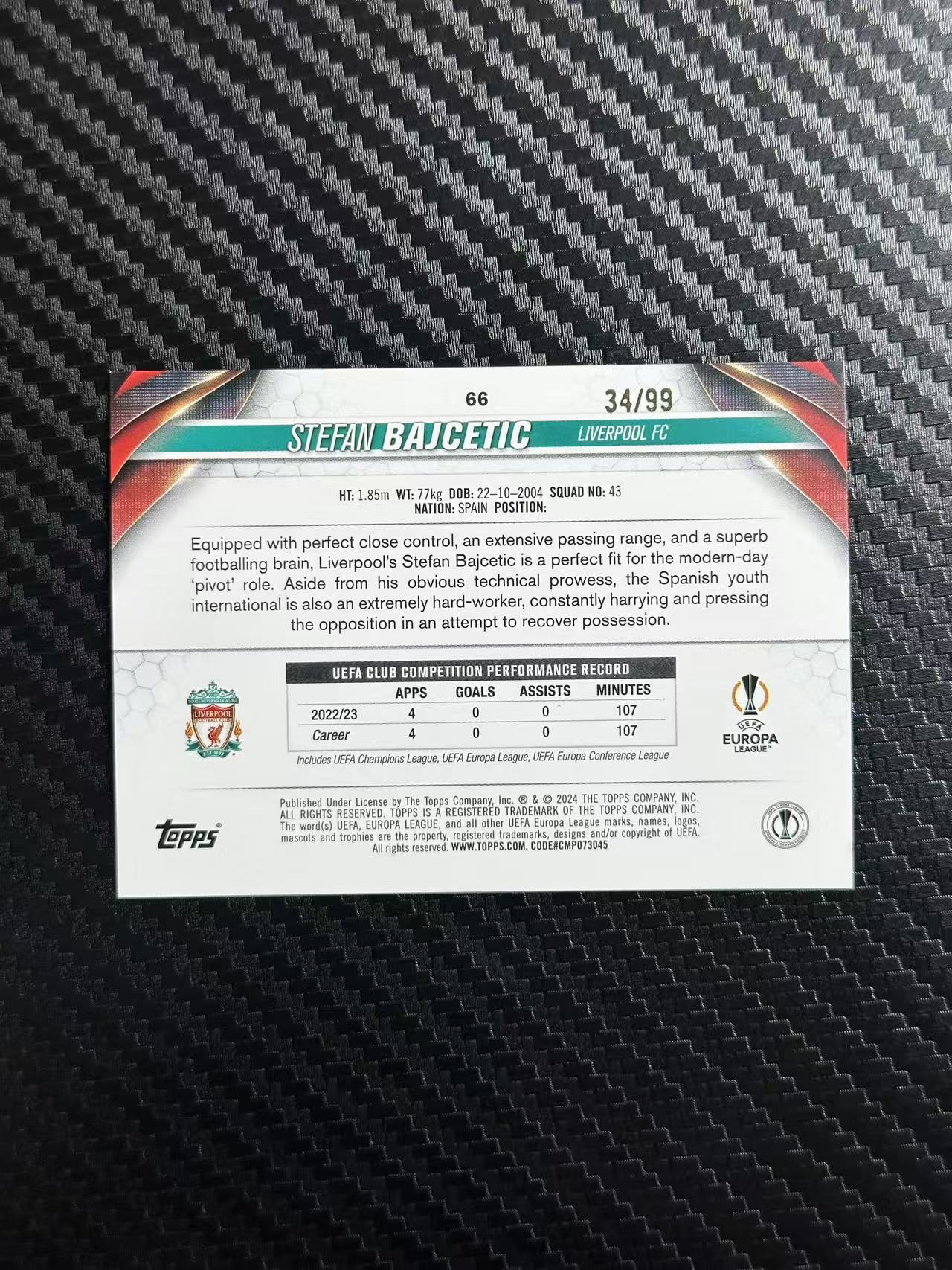 2024 Topps ucc STEFAN BAJCETIC 巴伊切蒂奇 利物浦 34/99编 欧冠 碧玉 白玉折 卡品如图 拍前看描述